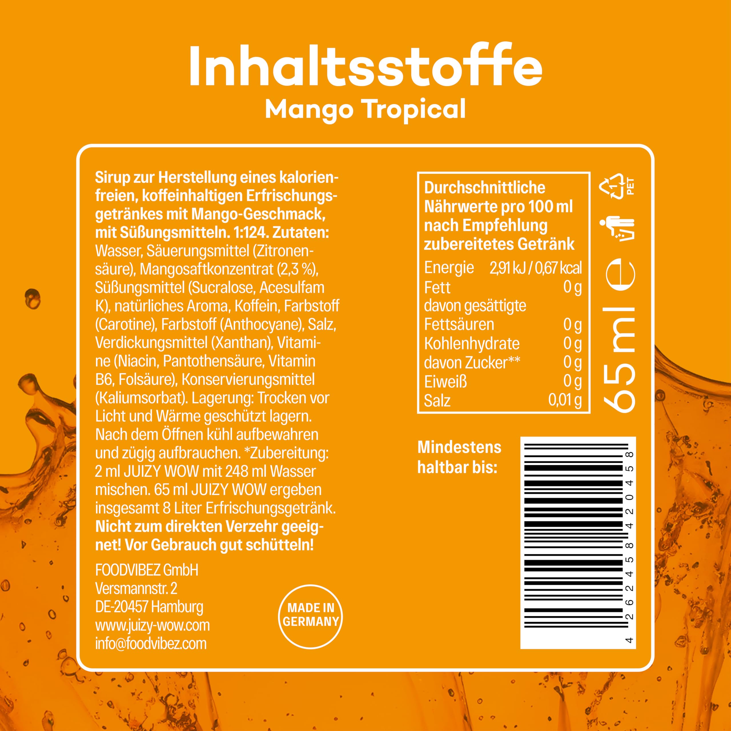 JUIZY WOW Mango Tropical - Zuckerfreier Getränkesirup | Natürlicher Geschmack - Low Calorie | Veganes 4er Bundle - 4 x 65ml | 32 Liter Fertiggetränk von JULIENCO