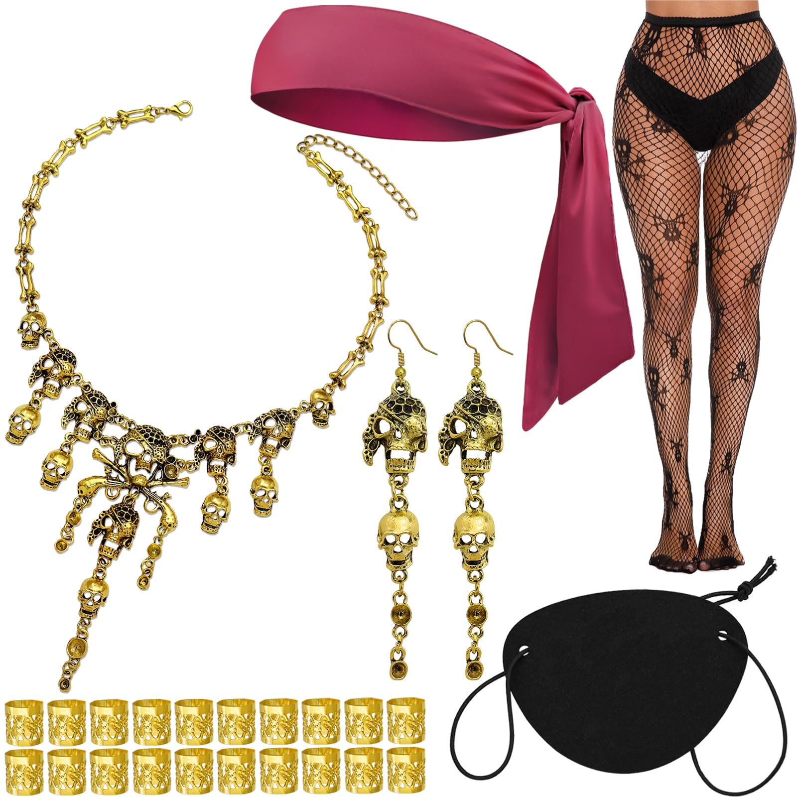 RechicGu Women Pirate Role Play Costume Accessory Set Halloween Crusie Pirate Night Party Headband Eyepatch Skull Stocking