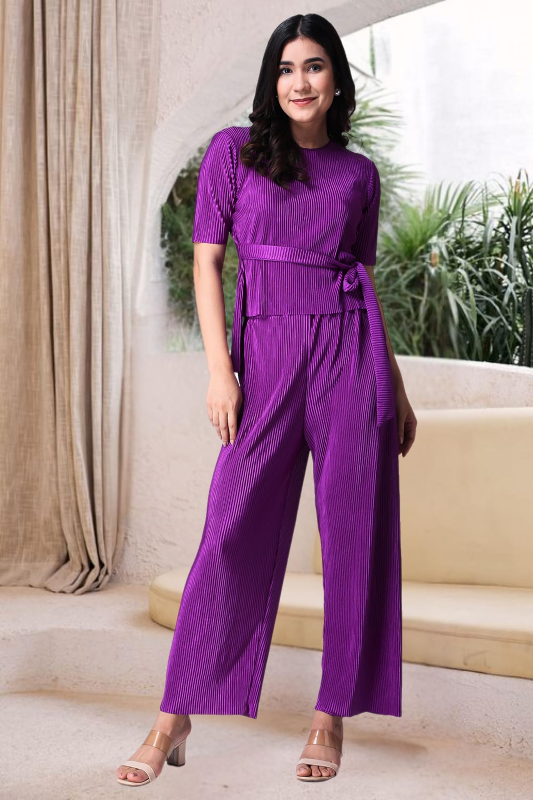 Popwings Casual Women Wrinkle Textured Purple Co-Ords Set