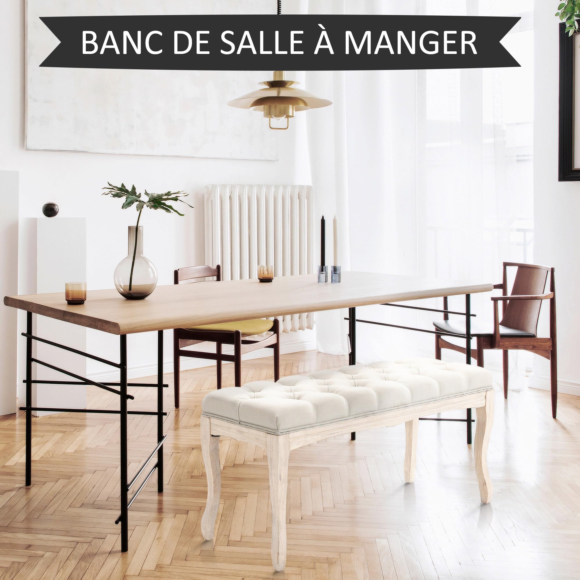 HOMCOM Banc Banquette capitonnée Style Classique 110 cm Bout de lit Rembourrée en Lin piètement Bois hévéa sculpté Lin Beige