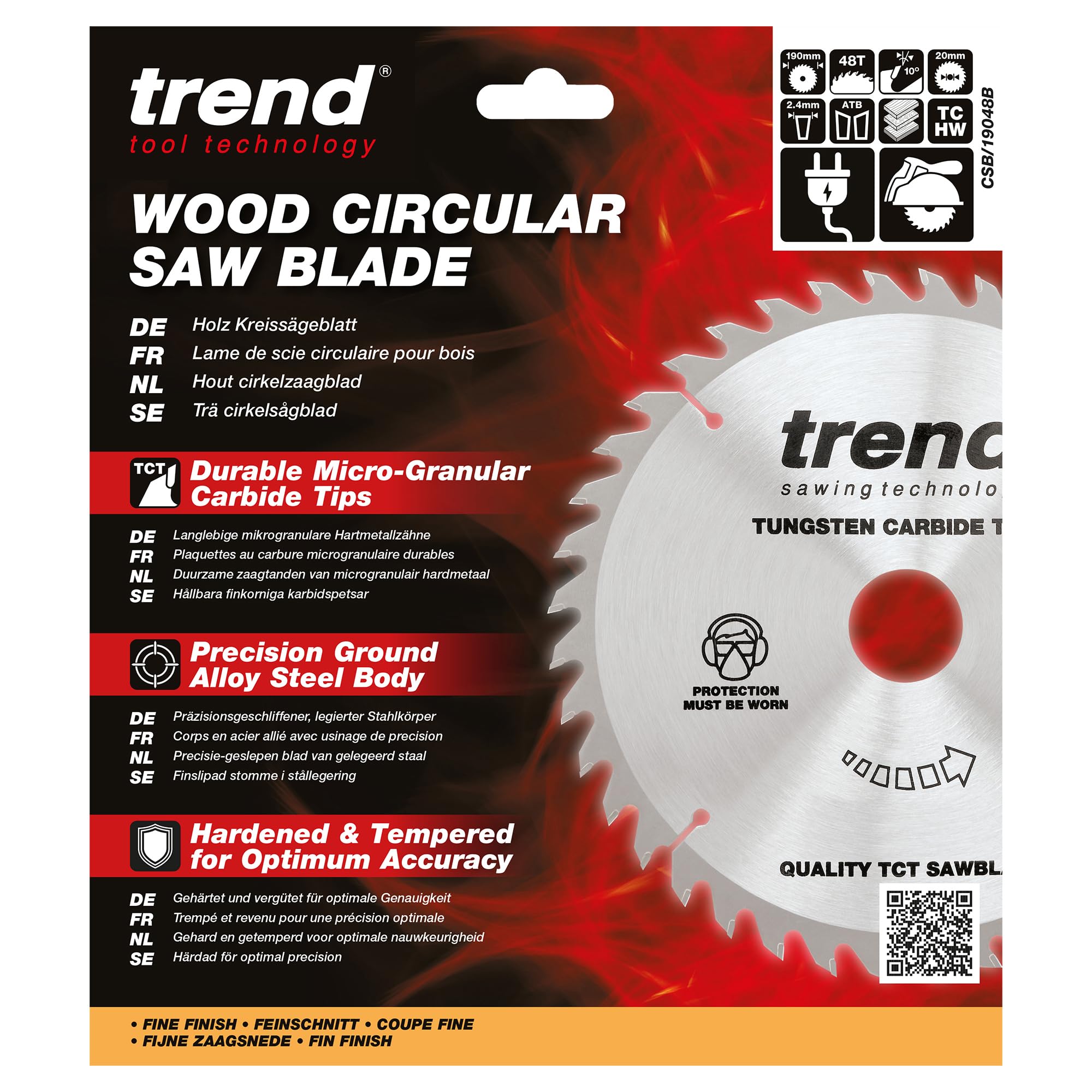 Trend Lame de scie circulaire Wood, diamètre 190 mm, alésage 20 mm, 48 dents, trait de scie 2,4 mm, crochet +10°, TCT, finition fine, CSB/19048B