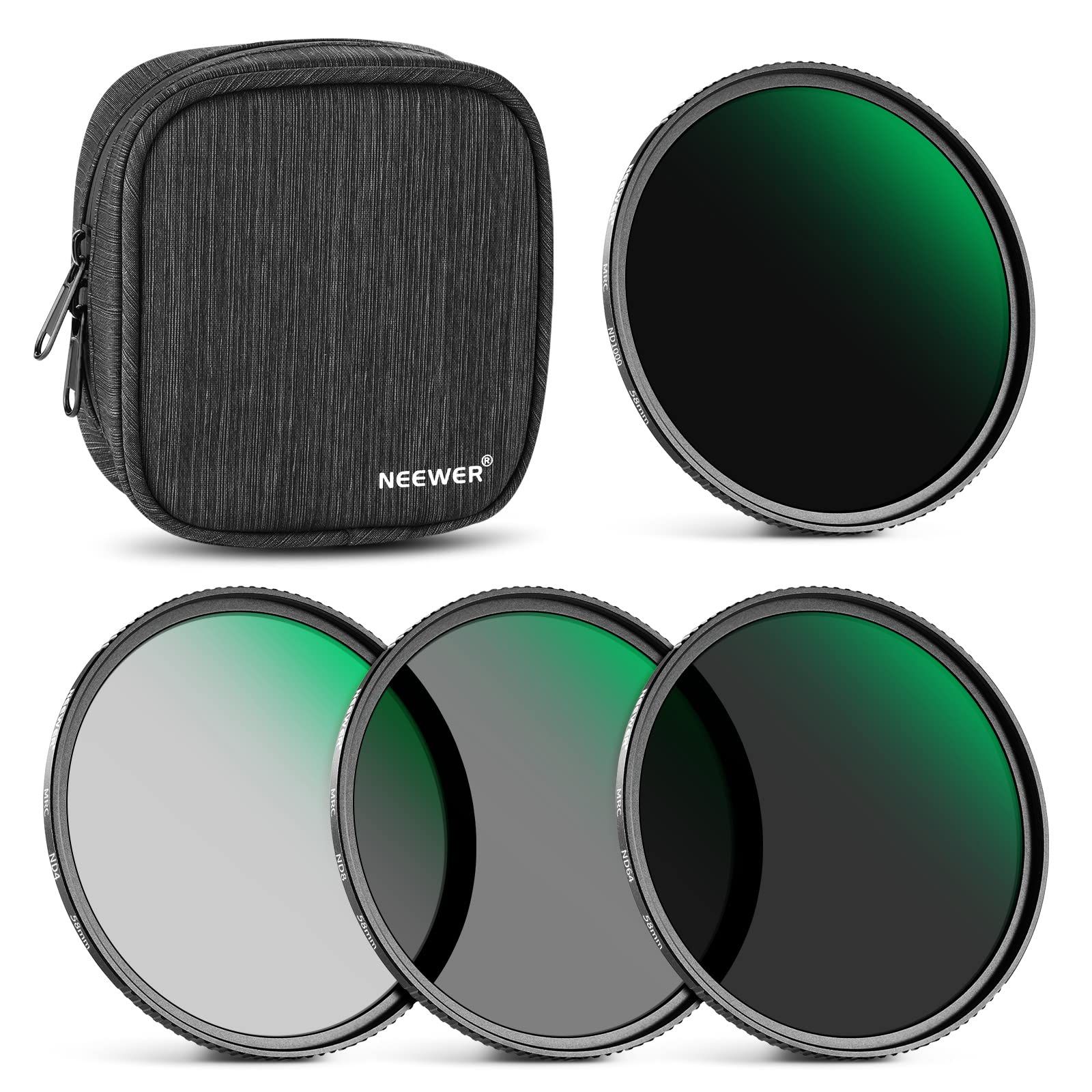 NEEWER 58mm Fixed ND Filter Kit ND1000 ND64 ND8 ND4 Neutral Density Filter Set Double Sided 30 Layer Nano Coatings/HD Optical Glass/ultra Slim/Water Repellent/Scratch Resistant/Waterproof Filter Pouch