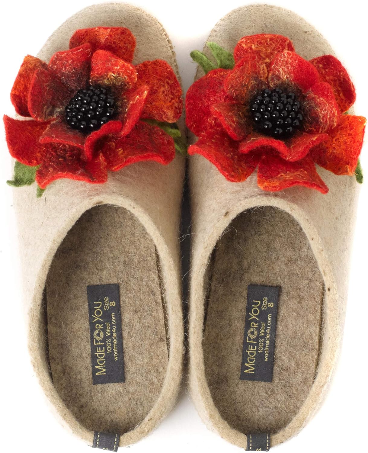 Made For You Women’s Wool Slippers with Handmade Flower, Lightweight
