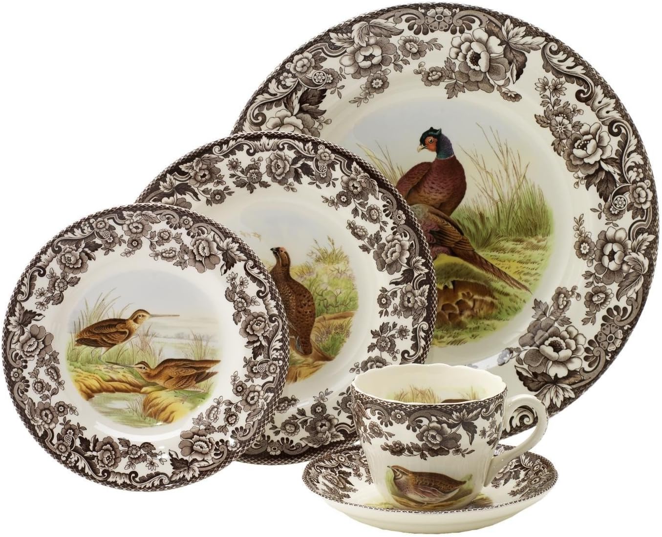 Spode Woodland 5-Piece Thanksgiving Dinnerware Set - Porcelain Plates & Teacup and Saucer, Fall Dinnerware Collection - Microwave & Dishwasher Safe - Elegant Autumn Tableware