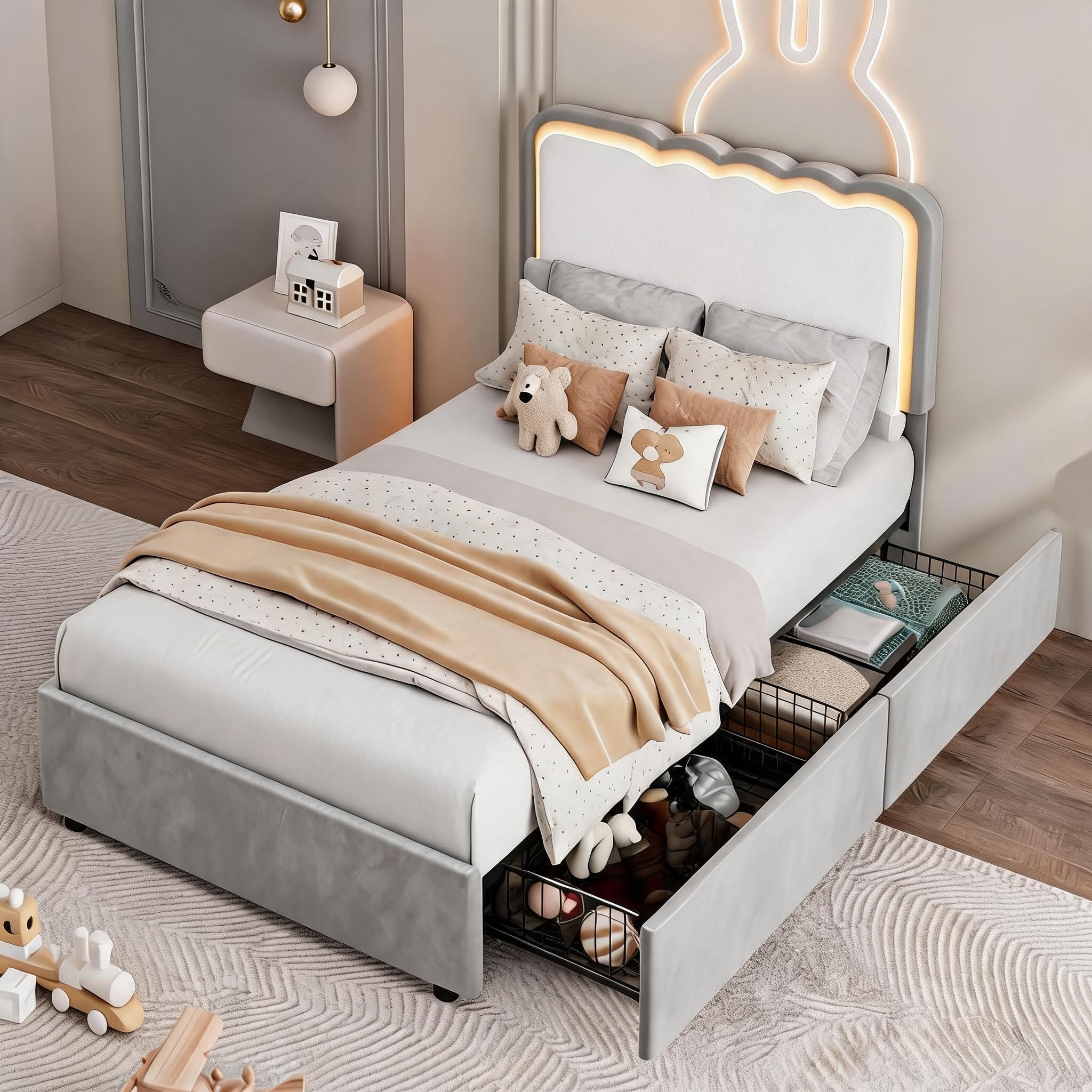 Garvee Irregular Wave LED 2-Drawer Soft Upholstered Bed, Soft Padding