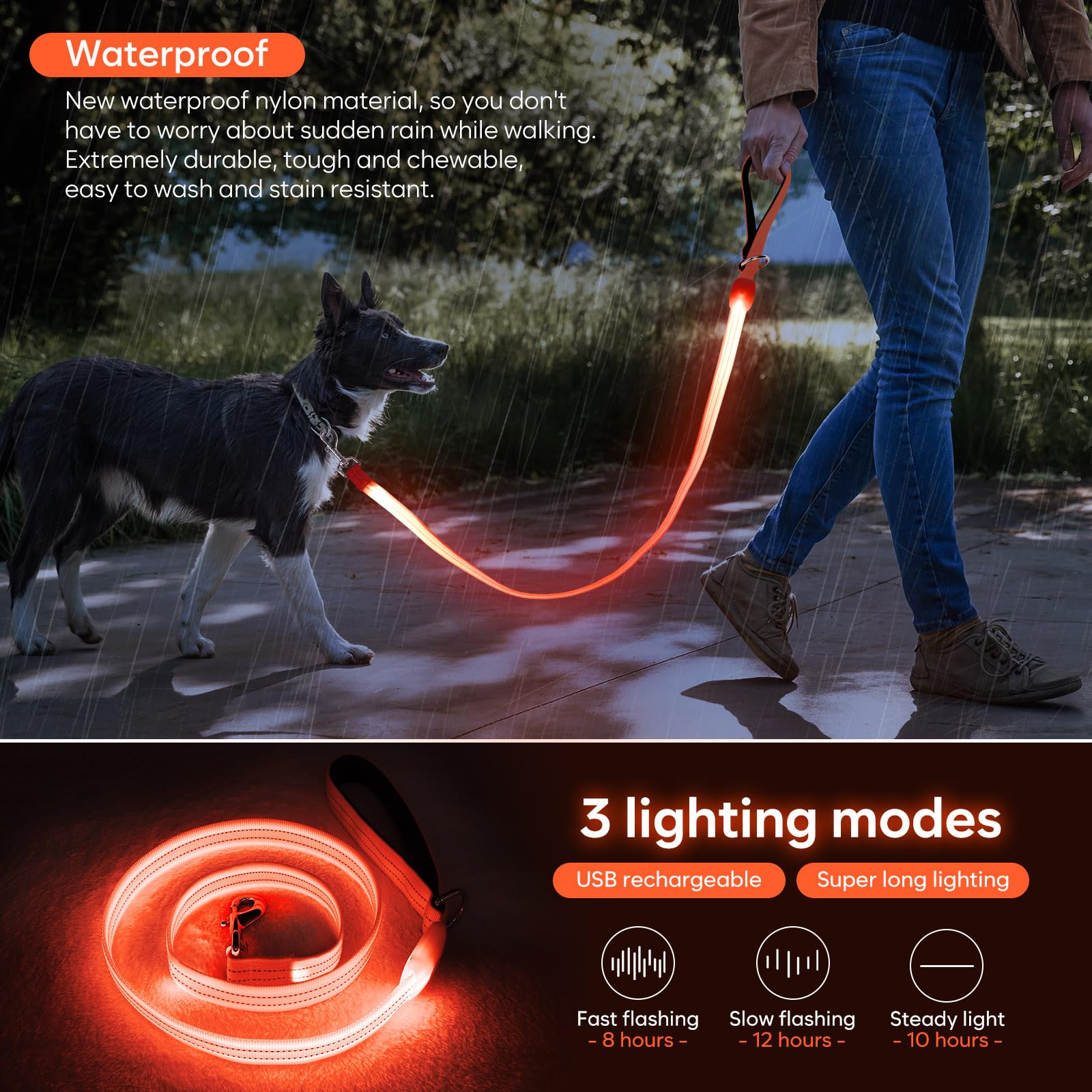 Correa LED para perro, correa de perro iluminada de 4 pies, recargable por USB, impermeable, correas reflectantes de nailon con mango acolchado para perros, luz nocturna para caminar, seguridad que
