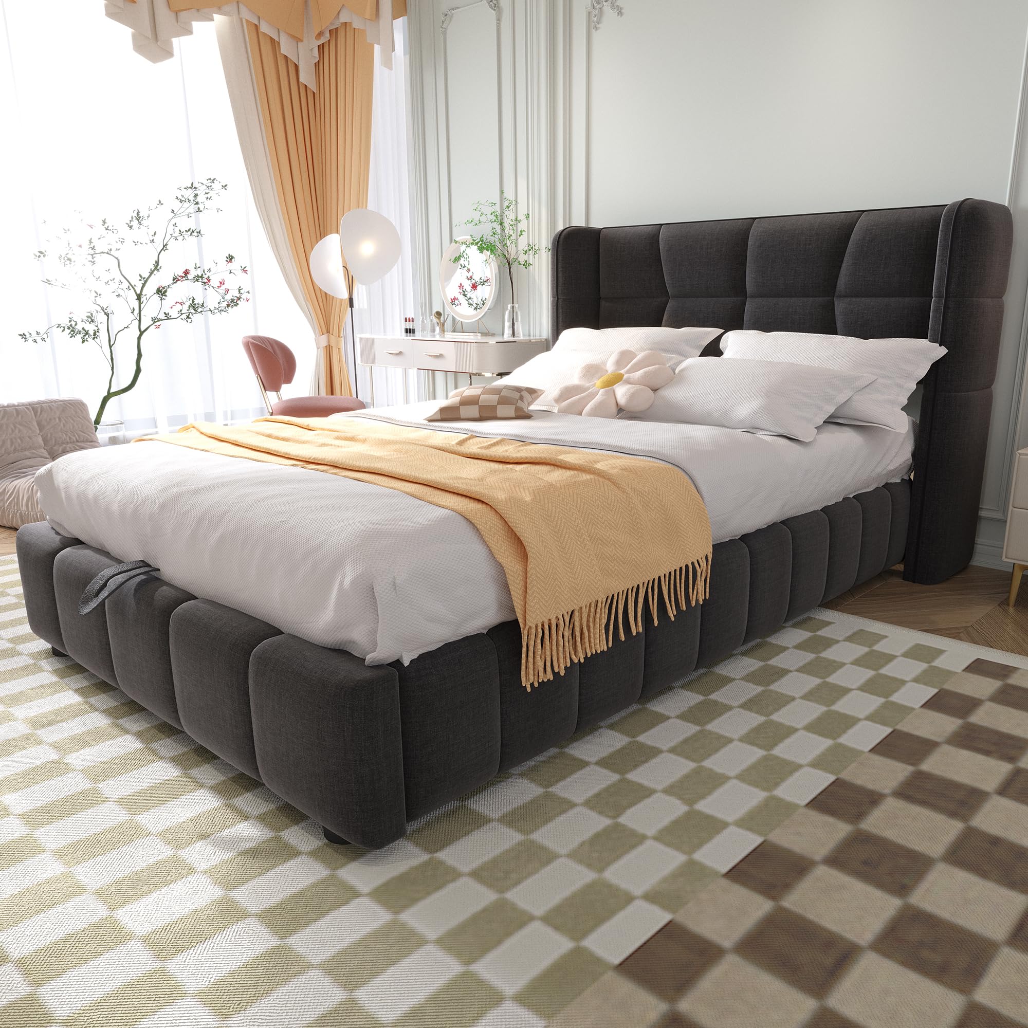Letto Contenitore 90x200 con Sistema di Sollevamento Pneumatico Single Bed Rivestimento in Lino Su Telaio Metallico Rinforzato con Testiera Imbottita Letto Imbottito Abitazione
