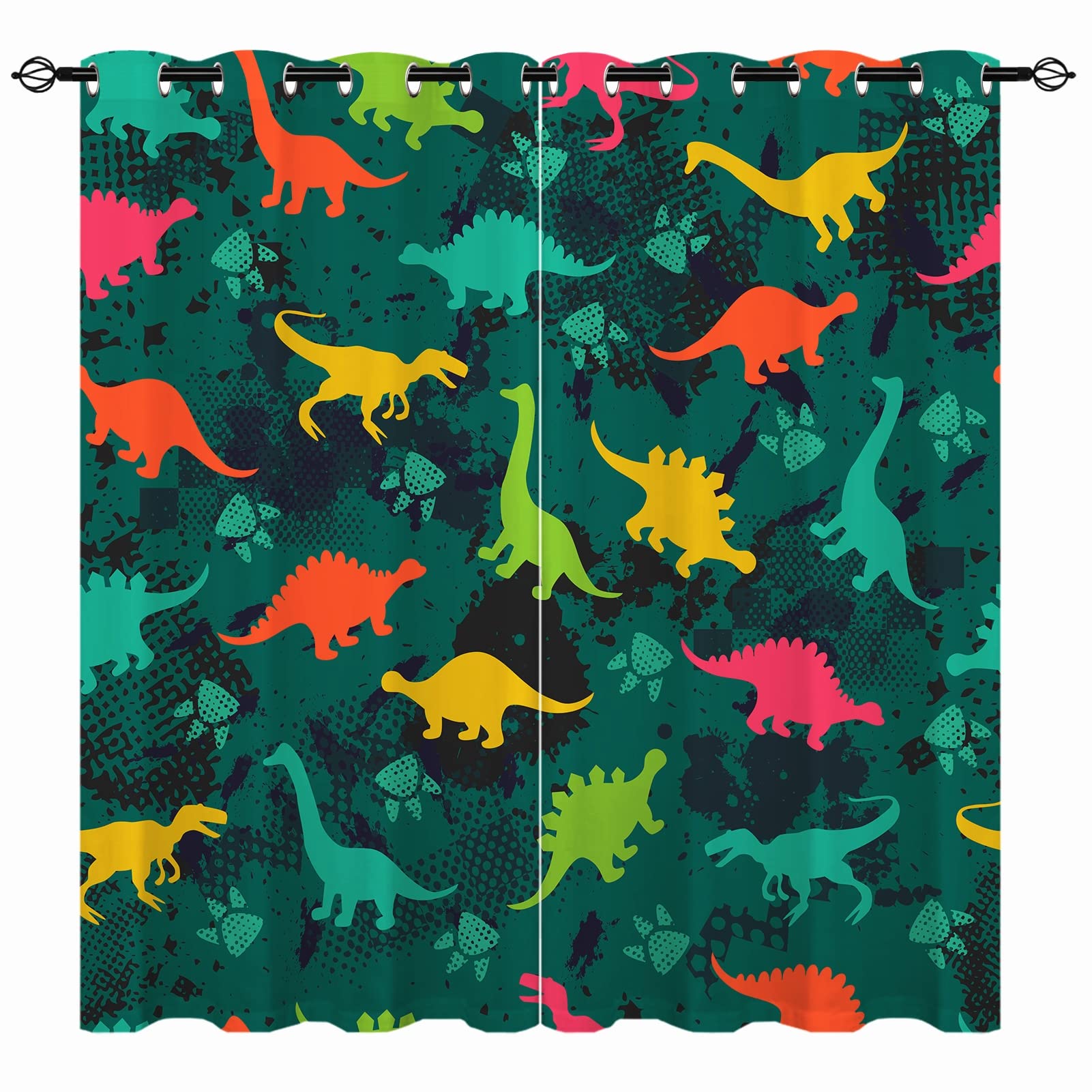YUANZU,Cortinas de dinosaurios para niños y niños, coloridas y divertidas con estampado de animales de la selva, cortinas para dormitorio, 2 paneles de 117 cm de anchox137 cm de profundidad