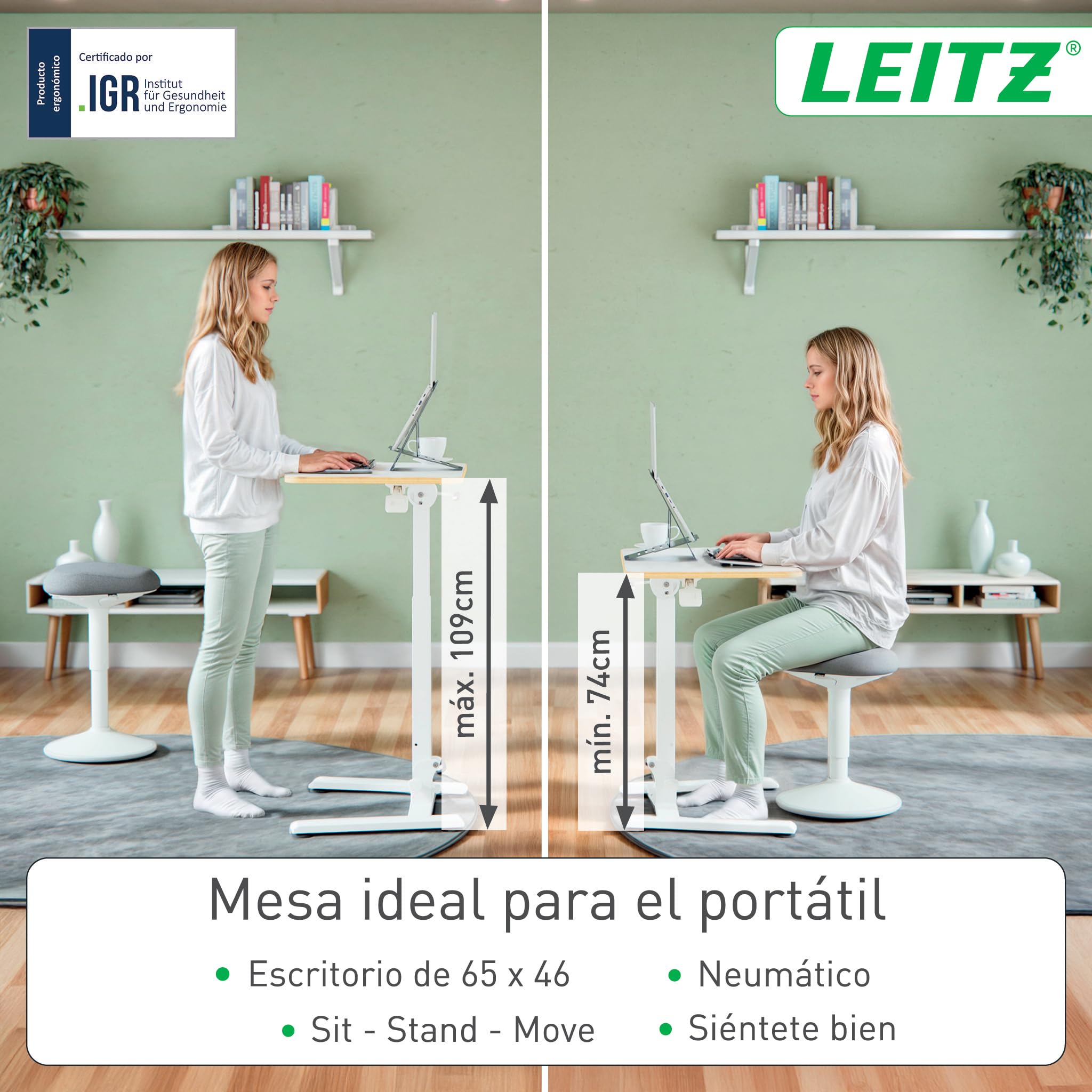 Leitz Ergo Escritorio Compacto Plegable para Trabajar Sentado o de Pie – Mesa Portátil con Asa, pensado para Ordenador Portátil, Soporta hasta 20 kg, 65x46 cm, Blanca, 65880001