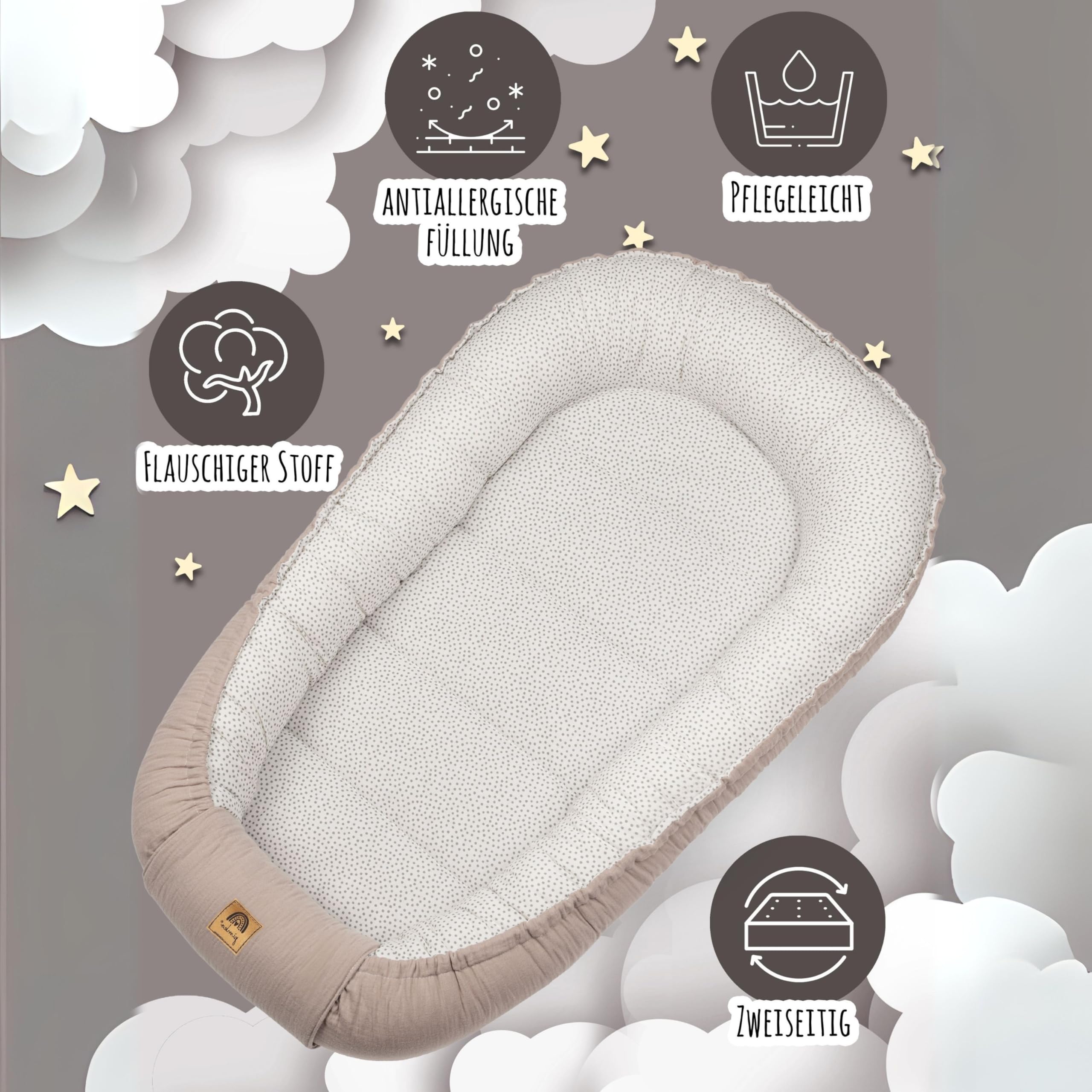 PIMKO Nido per Neonato Riduttore lettino per neonati Culla 60 x 90 cm mussola di cotone, colore: beige, ecru dost