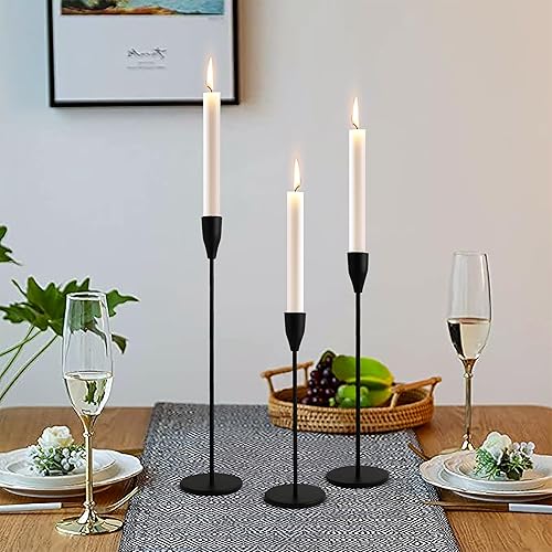 Vista 2 de Rely+ Juego de 3 portavelas negro mate, soporte alto de metal, centro de mesa, candelabro, decoración de cocina, decoración de boda, fiesta