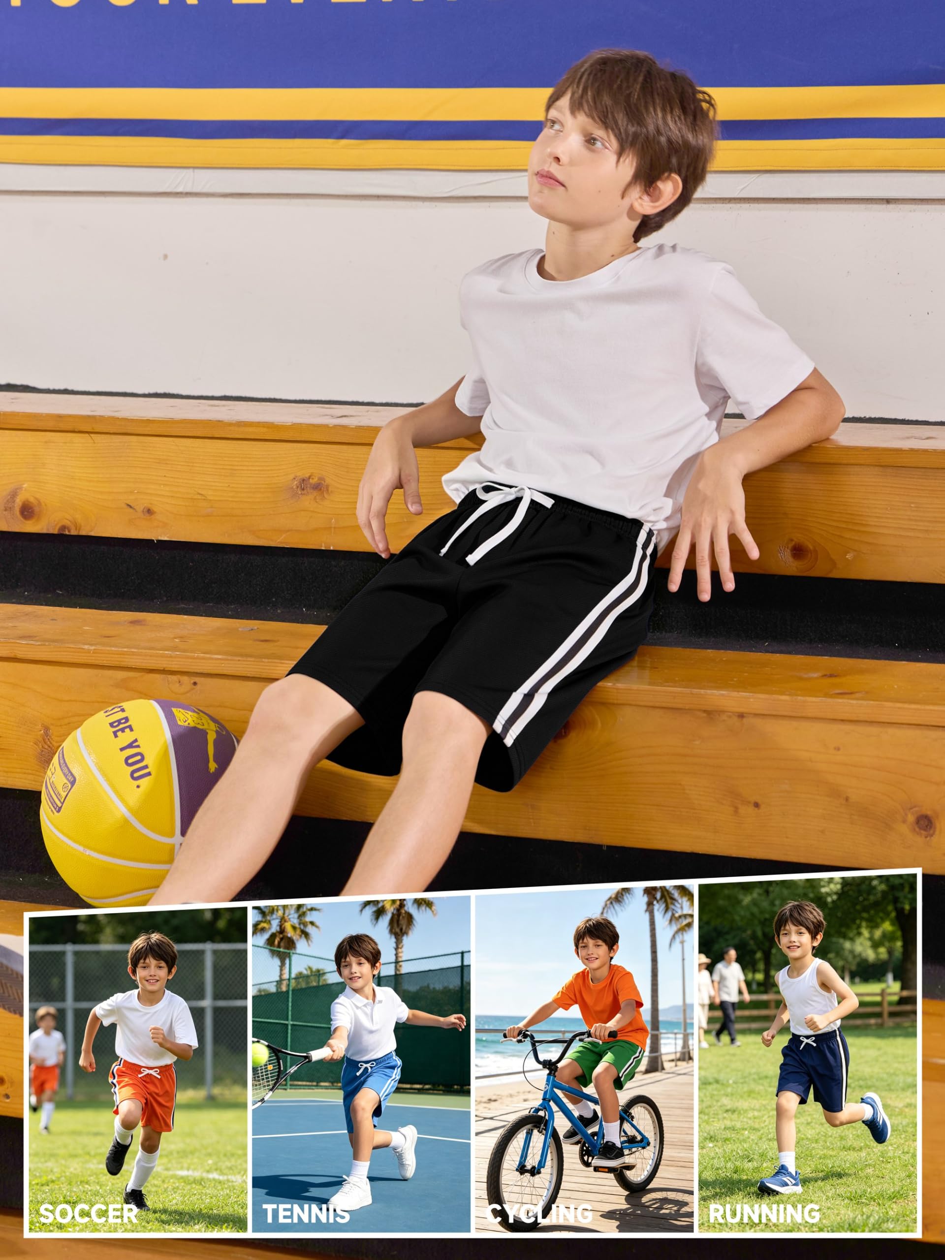 YERIOK Sport-Shorts für Jungen, Netzstoff, für Kinder, Jugendliche, Basketball-Shorts, aktiv, schnell trocknend, Fitnessstudio, Sportkleidung mit Streifen, 6 Stück