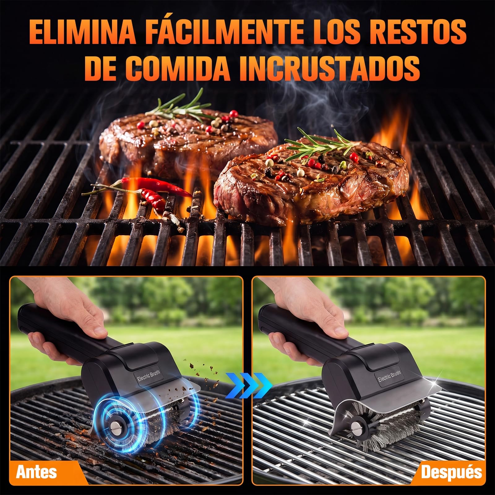Cepillo Eléctrico para Barbacoa Limpieza: Limpiador de Parrilla Electrico - Limpa Grelha Churrasqueira Inalámbrico Recargable 120 Minutos de Autonomía Cerdas de Acero INOX para Todo Tipo De Parrilla