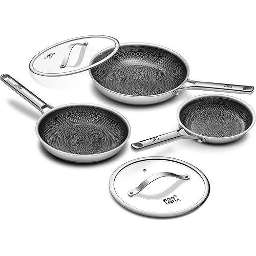 Nonstick Frying Pan Set with two Lid, Non-Toxic Tri-Ply Hybrid Ceramic Skillet three Piece, 8, 10 & 12 Inch Stainless Steel Pans, PFAS/PFOA/PTFE Free, Oven Safe, Induction Compatible