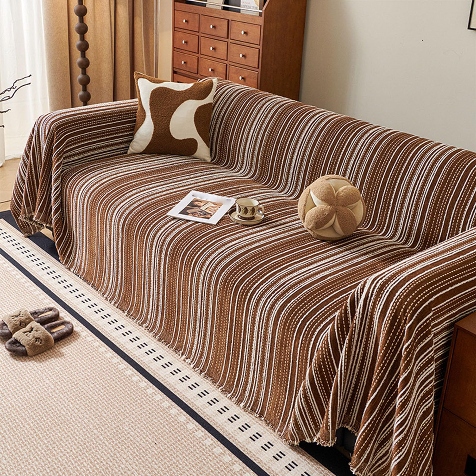 Housse de canapé à rayures E 180x380cm lavable et antidérapante pour salon