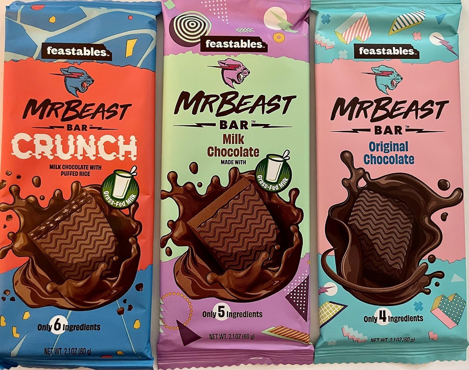 Feastables Mr. Beast Bar Variety Bundle, Milk Chocolate Crunch, Milk Chocolate, Original Chocolate Beast Bars Pack of 3