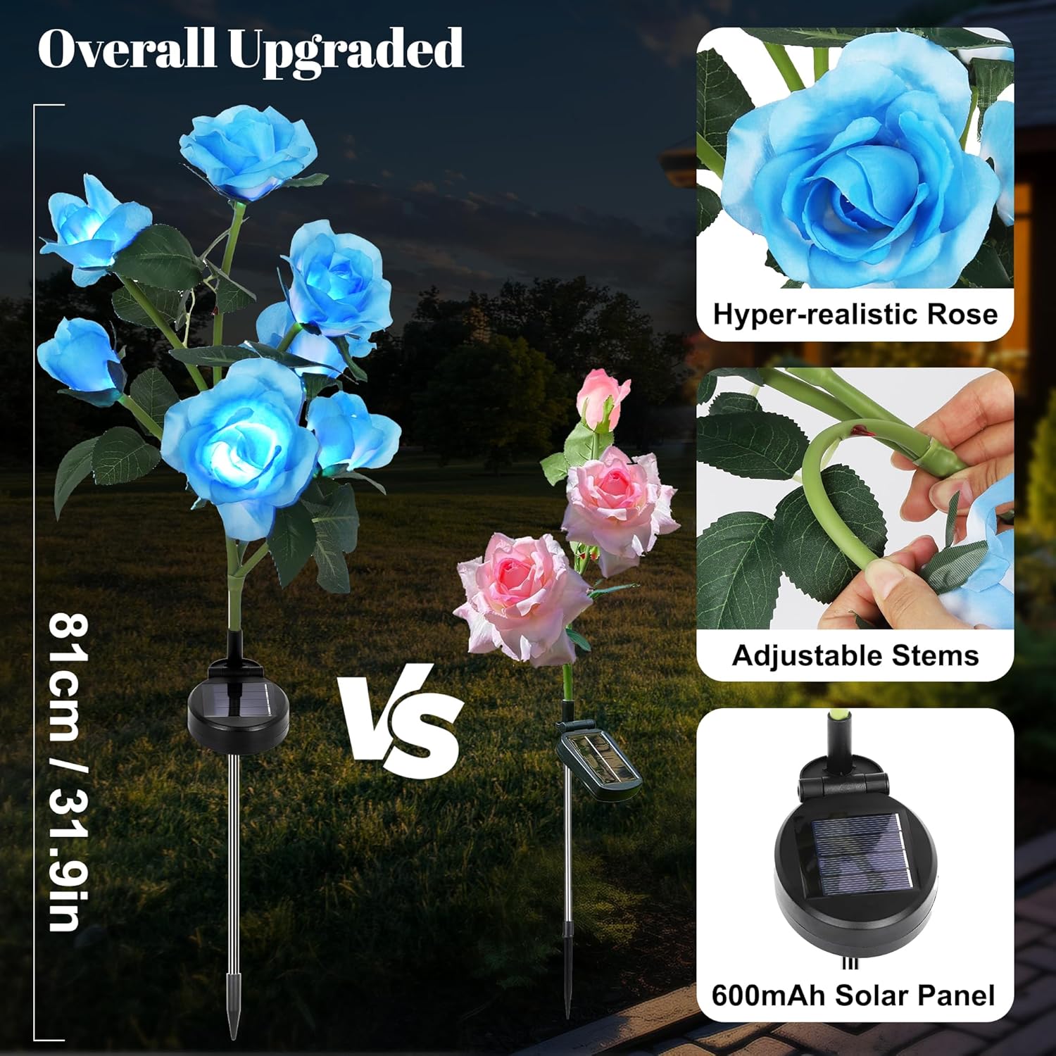 Solar Rose Lights Outdoor, 4 Pack with 28 Rose Flowers Waterproof Color Changing LED Flower Lights, Solar Powered Garden Stakes for Yard, Patio, Pathway Decor - Artificial Floral Decorative Lighting