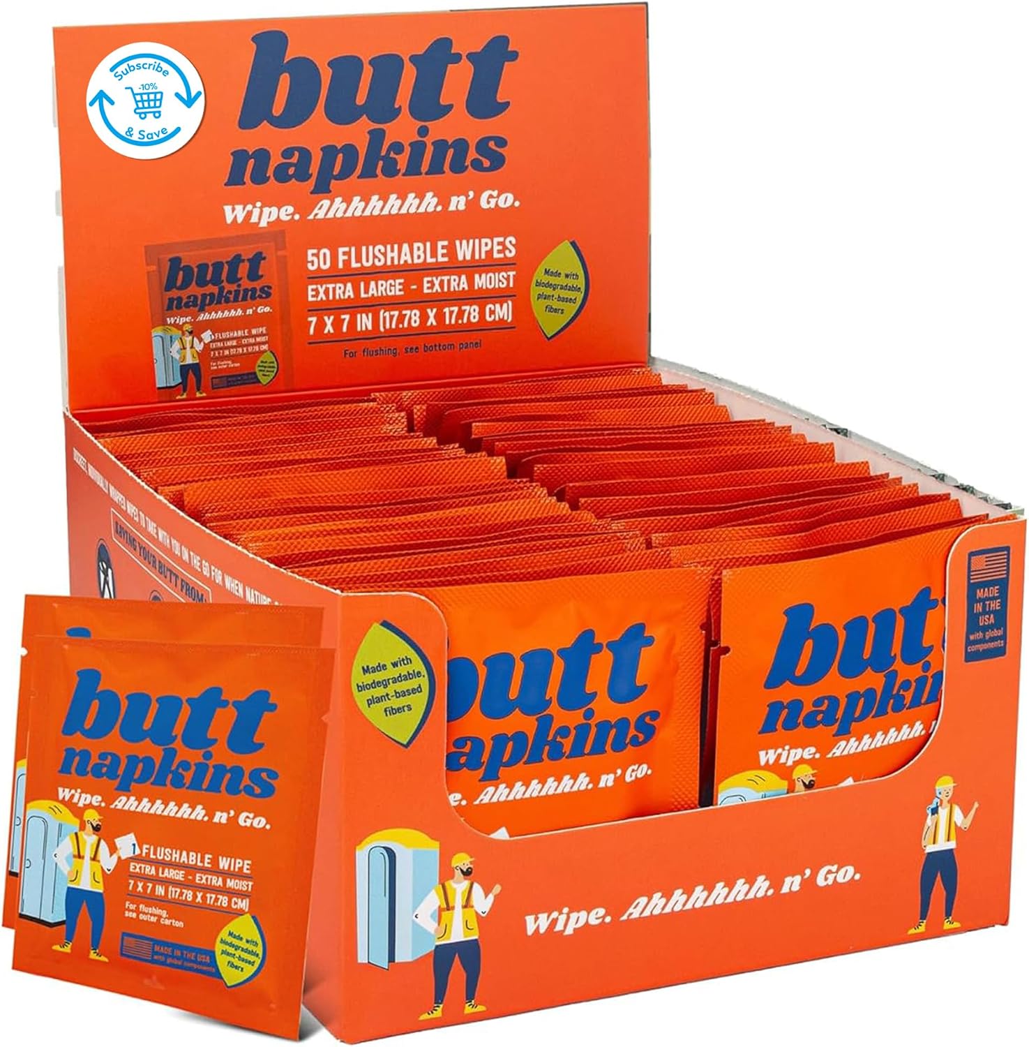 Butt Napkins - Water-Based Flushable Wipes, Individually Wrapped Industrial, 50 Count Pack of 1