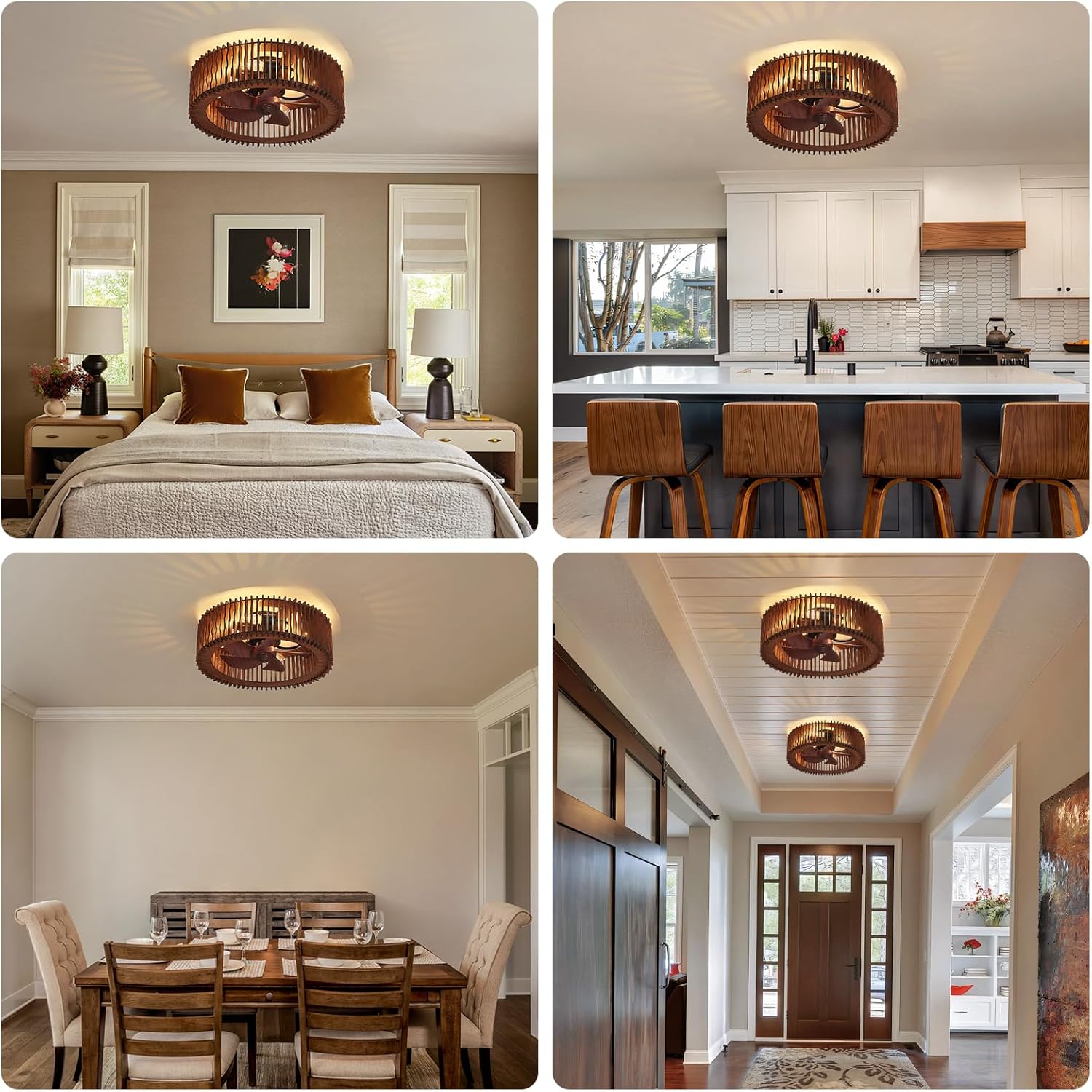 20 Inch Dark Brown Wooden Low Profile Ceiling Fan with Light and Remote, Wood Ceiling Fan, Farmhouse Caged Ceiling Fan with 6-Speed Reversible Motor for Bedroom, Living Room, Kitchen