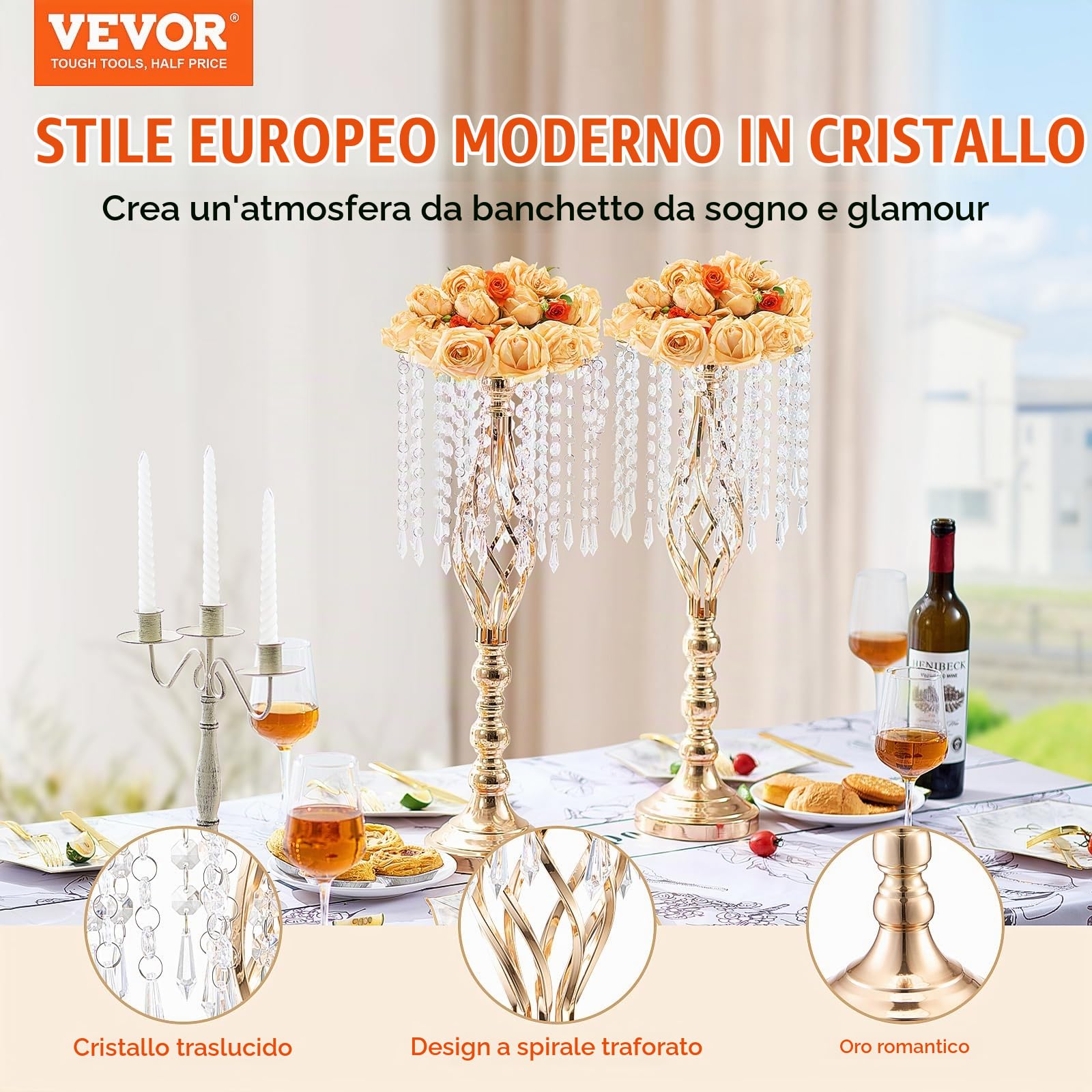 VEVOR Supporto per Fiori da Matrimonio in Cristallo, Alto 55 cm Centrotavola in Metallo per Matrimonio 10 Pezzi, Portafiori Dorati, Espositore Floreale per Tavoli, Cene di Nozze, Cerimonia, Compleanno