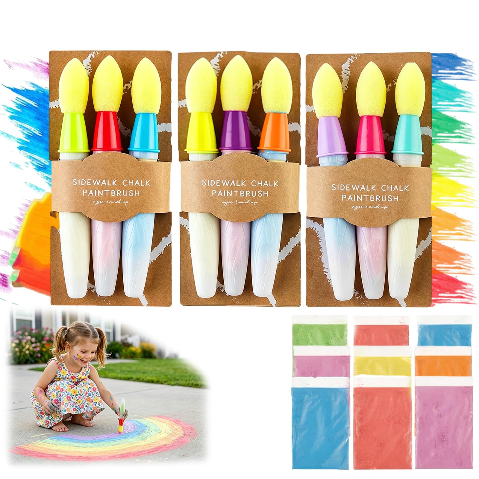 Elmvar A+B+C Sidewalk Chalk Paint Brush, 9 Pcs Washable Diy Paintbrush With Powder, Refillable Sidewalk Chalk Paint Fillable Applicators, Add Water To Brush Use, Easy To Clean For Kids Yard Art (,1)