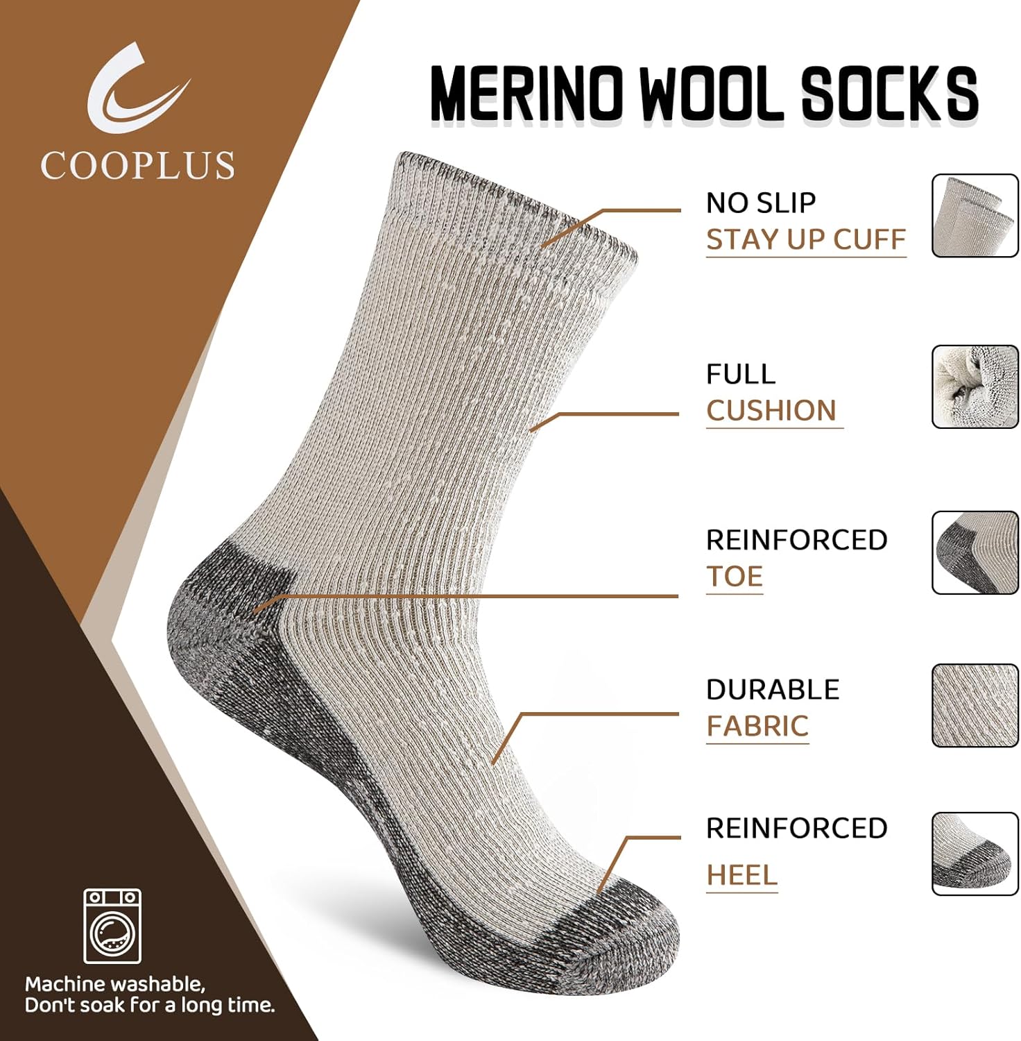 COOPLUS Merino Wool Hiking Socks for Men Thermal Warm Cushion Crew Winter Work Boot Socks (4 Pairs) - Image 4
