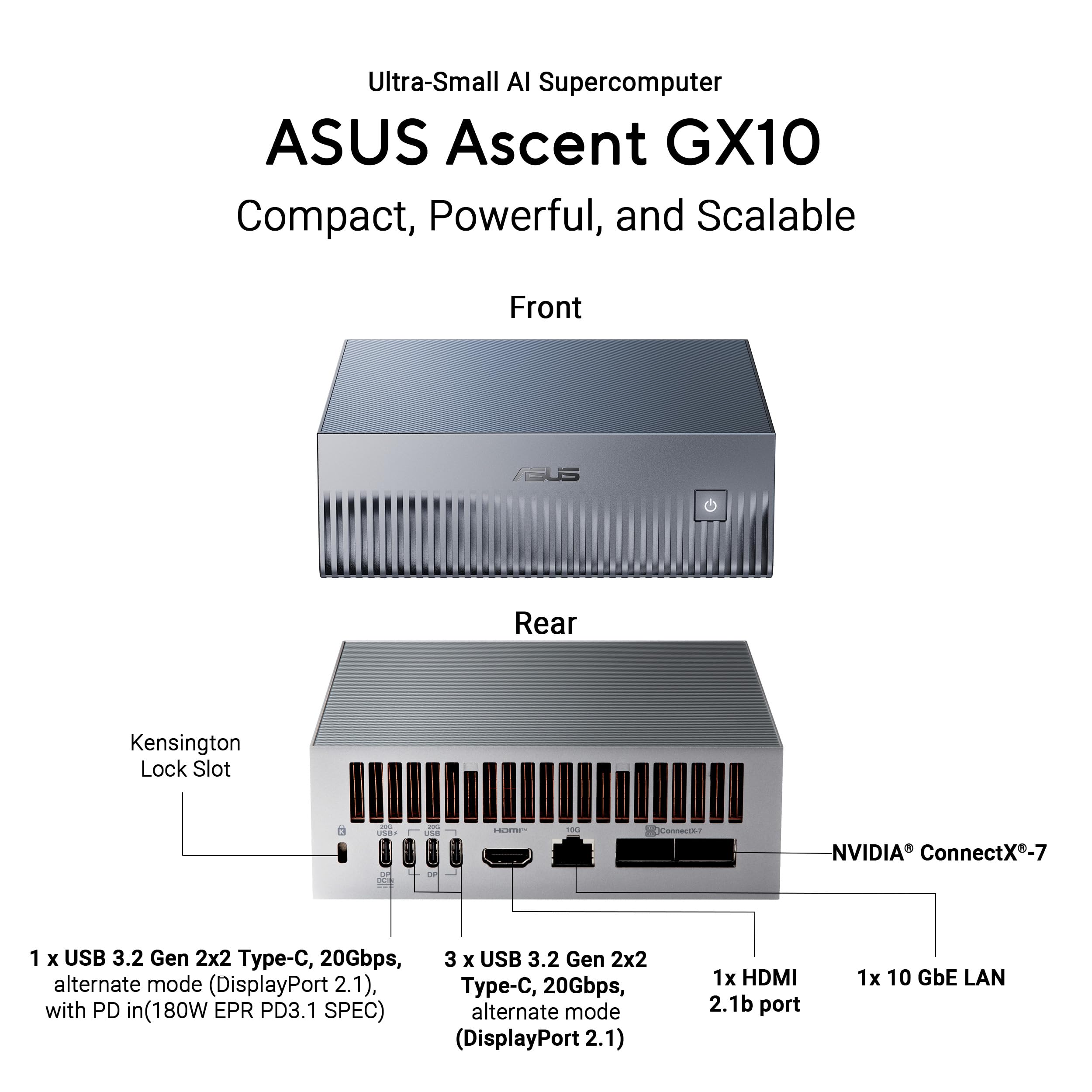 ASUS GX10, Computer AI Desktop, Superchip NVIDIA GB10 e NVIDIA DGX, 128GB LPDDR5x, 1TB di Memoria Installata, Agentic AI Sacalabile, Versione Tall, Grigio