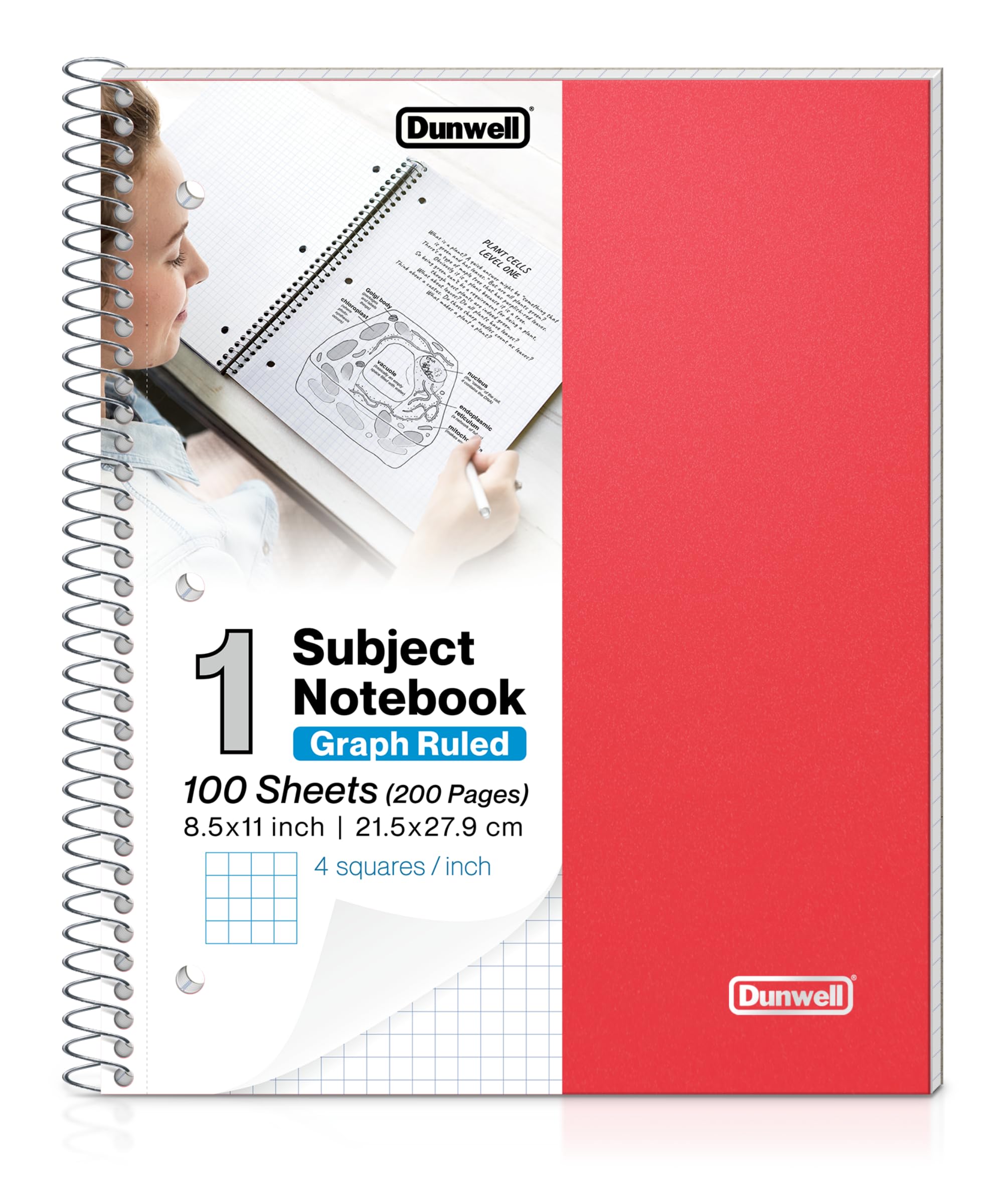 DunwellGraph Paper Notebook 8.5 x 11 (Red) Plastic Cover, 100 Sheets (200 Pages), 4x4 Squares, 1 Subject Graph Paper Spiral Notebook, 1/4" Grid, Pocket Divider, Easy Tear-Off, 3-Hole Punched