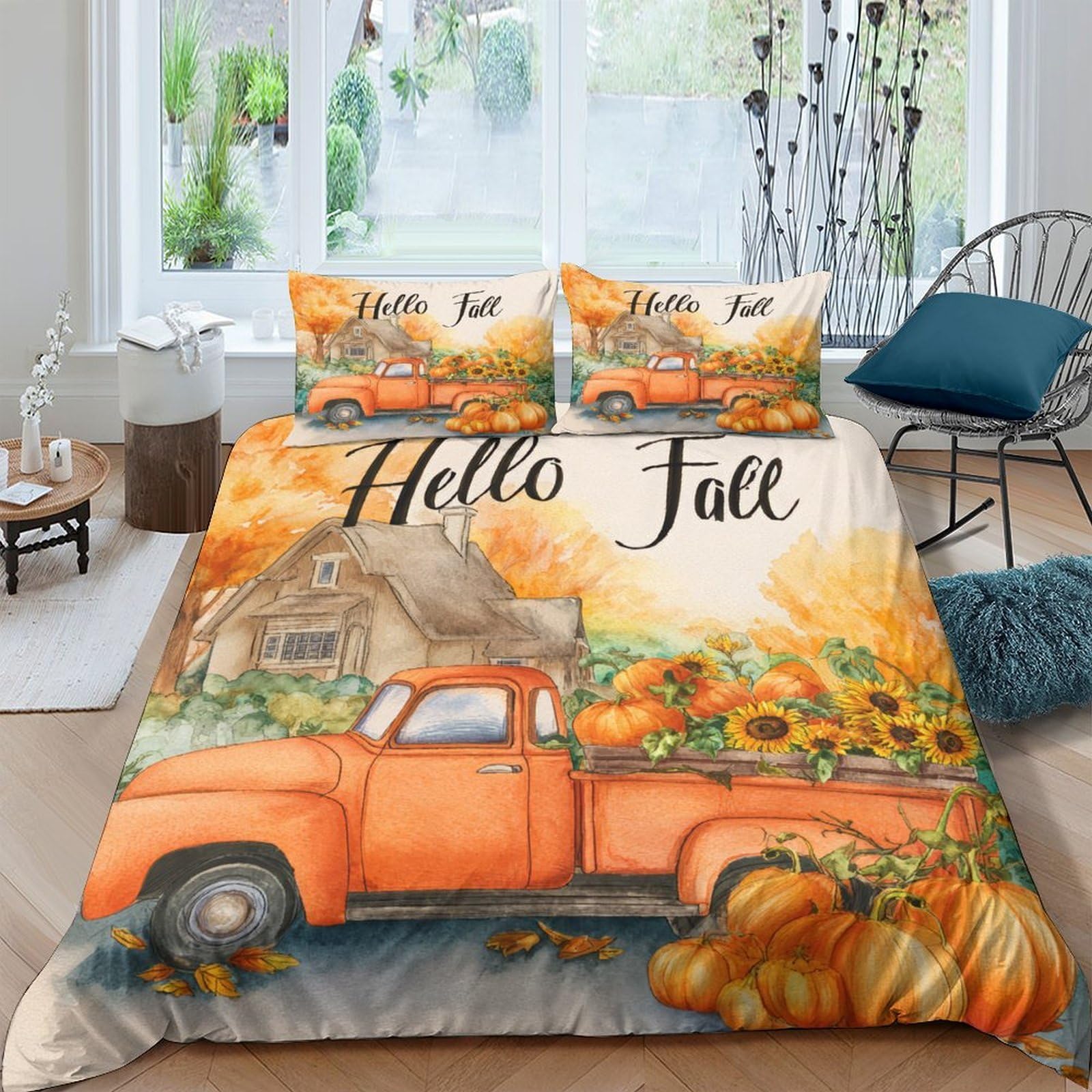 Ctjqhvkz Style-7 3D Printed Orange Vintage Truck Fitted Sheet Microfiber Autumn Sunflower Pumpkin Bed Cover For Bedroom Guestroom Single（135X200cm）