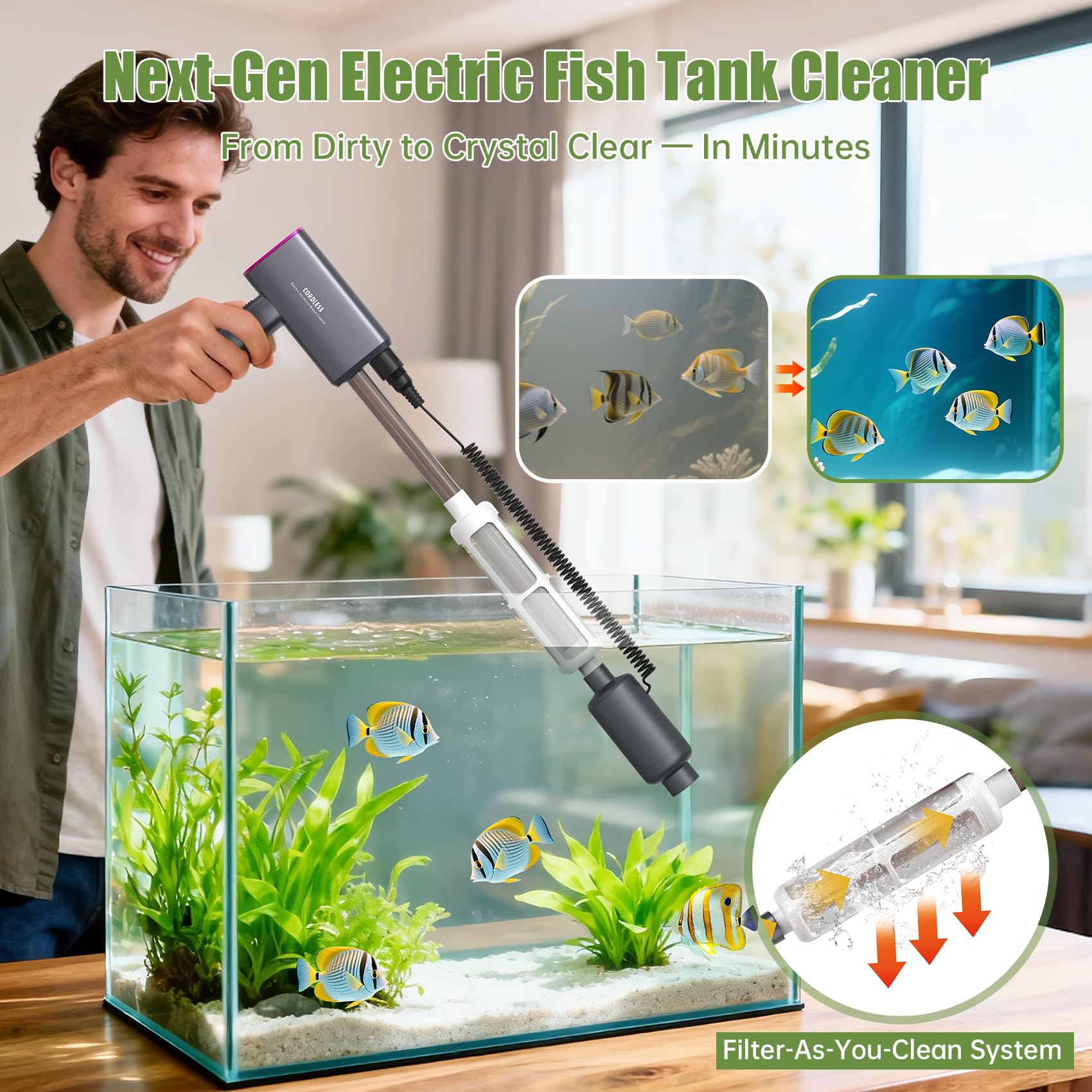 Aspiradora inalámbrica de grava para acuarios: limpiador eléctrico 6 en 1 para peceras, cambiador automático de agua recargable y de succión fuerte, control táctil, se adapta a tanques de 5 a