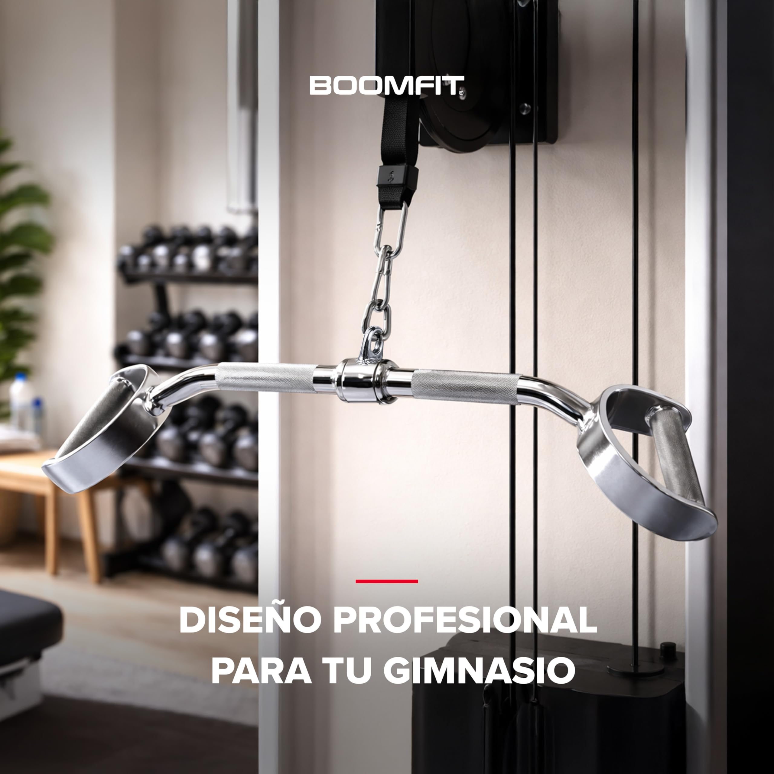 BOOMFIT Barras para Máquina de Poleas | Acero con Asas de Goma | Accesorios de polea para casa | Acero con asas de goma | Espalda, bíceps y tríceps | Jalón y aislamiento