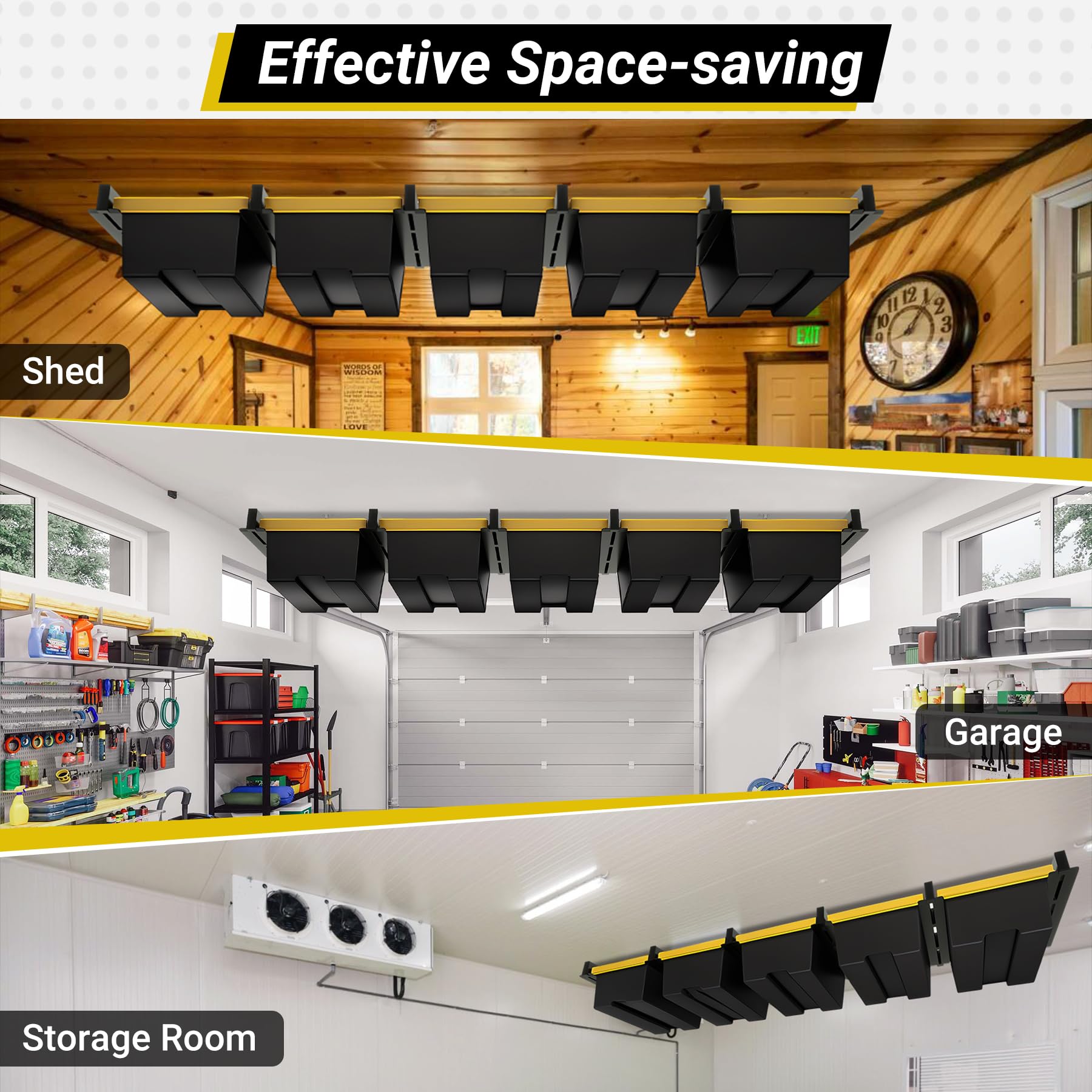 Rack portaoggetti da soffitto per garage a 5 contenitori, resistente, verniciato a polvere, per garage, capannoni, magazzini (6 pezzi, per 5 bidoni)