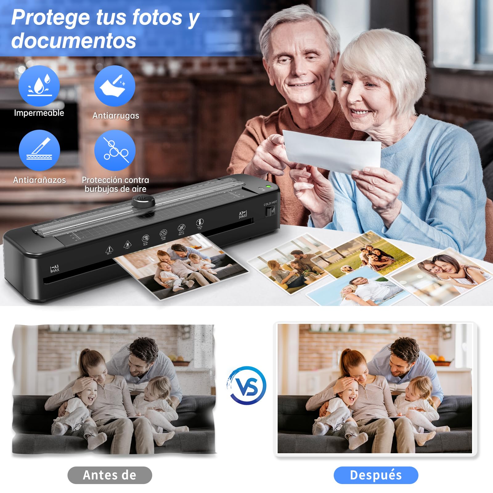 Plastificadora A3 con sistema antiatascos de ABS con 30 hojas para A3 A4 A5 A6 - Laminadora en frío versátil para oficina, hogar y escuela