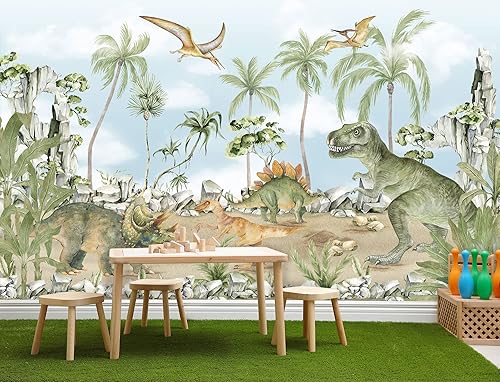 Miniatura 5 de Murwall Jurassic World Dinosaur Wallpaper Watercolor Dino Park Wall Mural Prehistoric Animals Wallpaper for Kids
