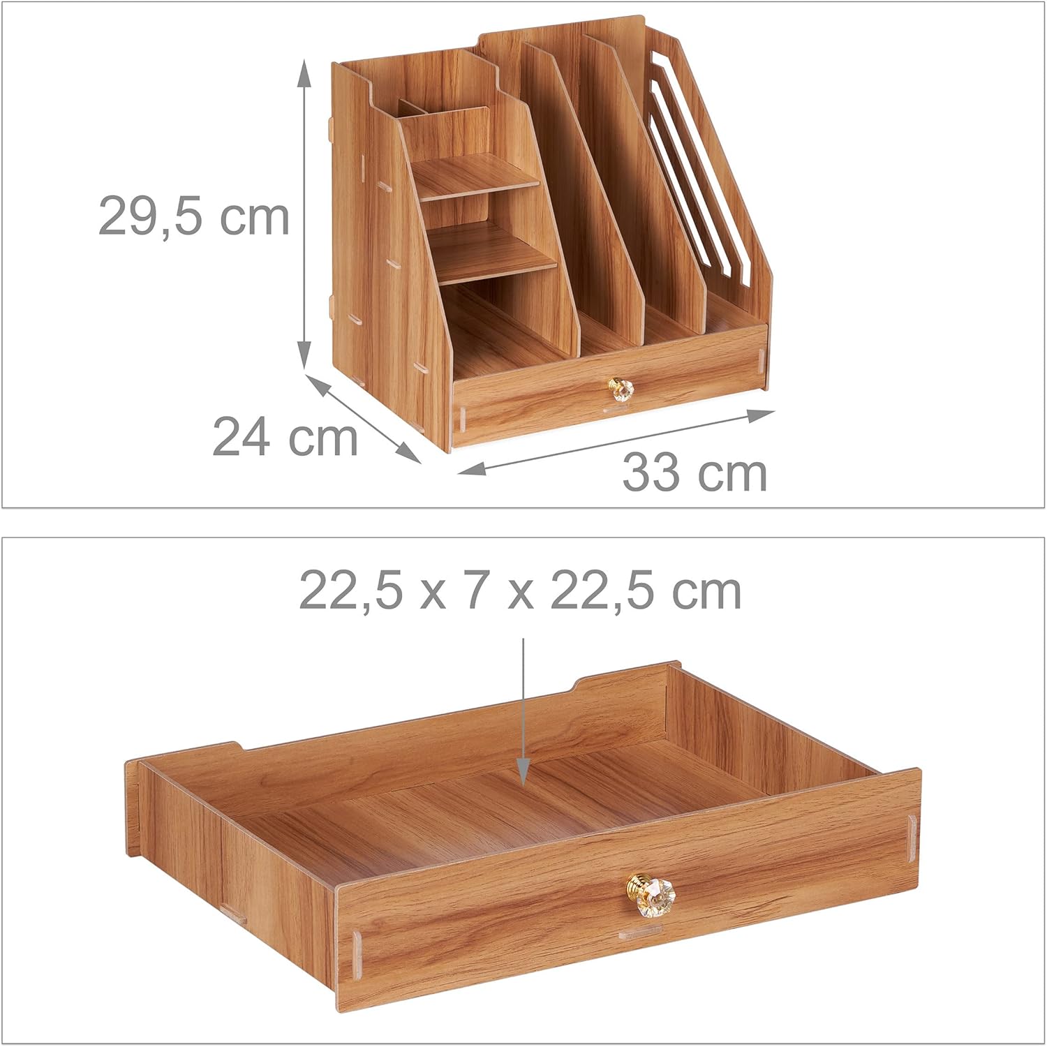 Relaxdays Desk Organiser, Office Supplies and Documents, Different Size Compartments, DIY, MDF, 29.5x33x24 cm, Brown, 100% fibreboard