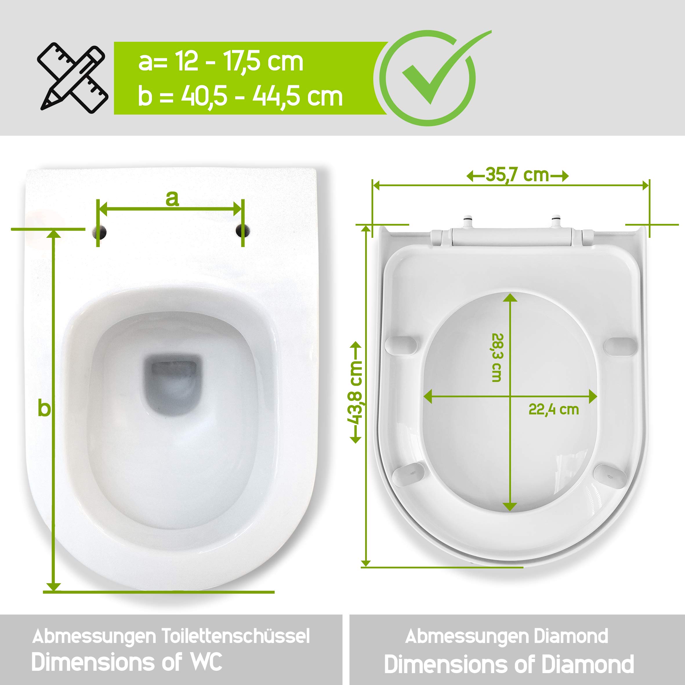 Aqua Bagno Diamond Diamond Universal D-Form Premium - sedile WC di alta qualità in polipropilene con chiusura softclose ed estraibile - sedile WC - coperchio WC