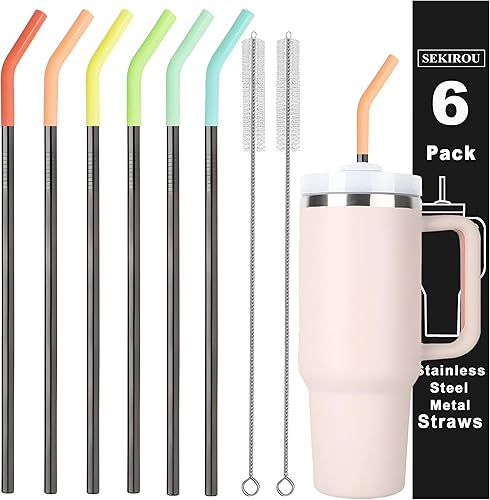 5 popotes reutilizables de acero inoxidable con puntas de silicona y cepillo de limpieza para vaso Stanley, Owala de 40 onzas con asa, popotes de