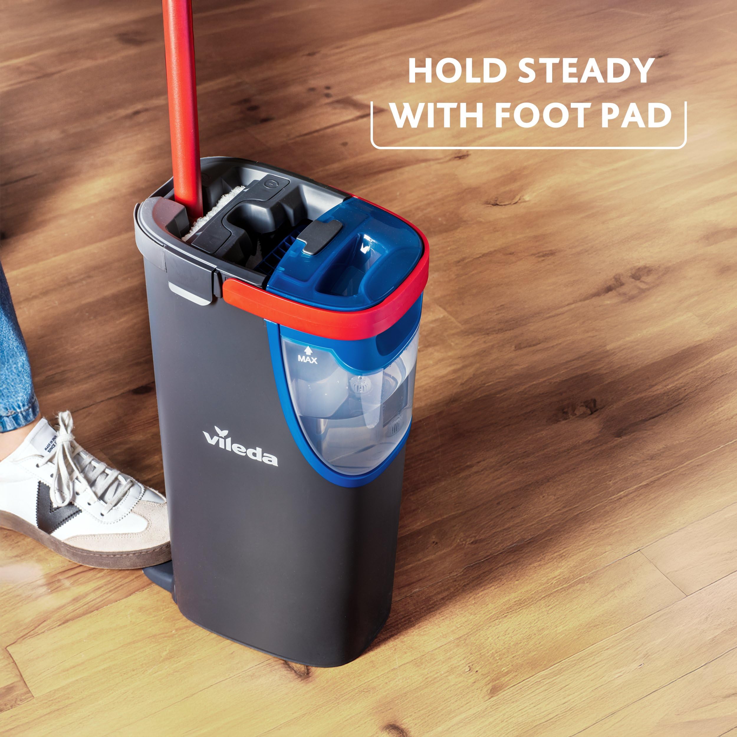 Vileda H2PrO Flat Mop Sistema lavapavimenti a piastra piatta | Separazione acqua pulita e sporca | Progettato per risparmiare acqua | Utilizzo a una mano | Design compatto | Pulizia con microfibra
