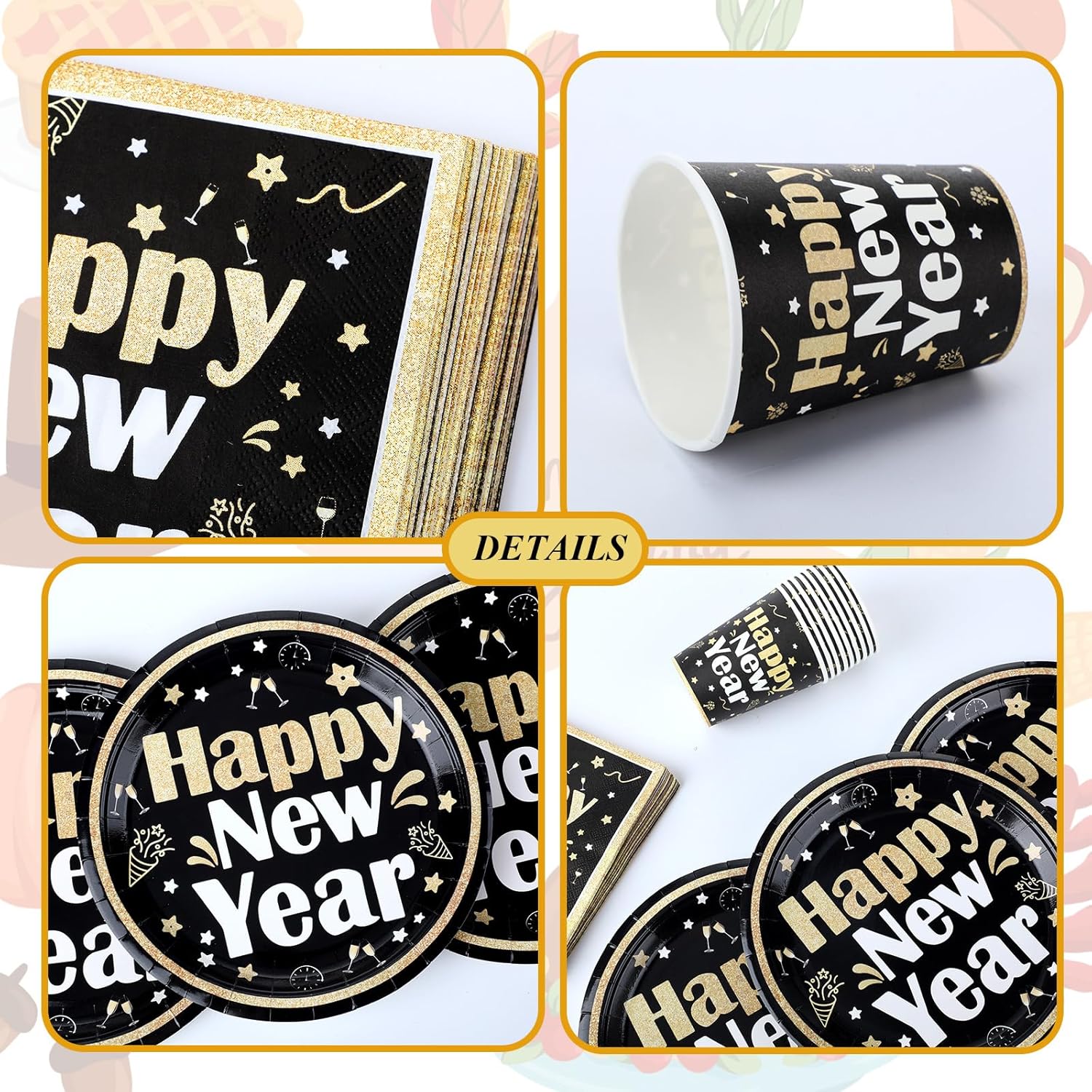 Jenaai 200 Pcs New Year Party Supplies 2026 Bulk for 50 Includes Paper Plates Napkins and Cups Disposable Tableware Happy New Year Party Favors Decoration for Dinner(Classic)