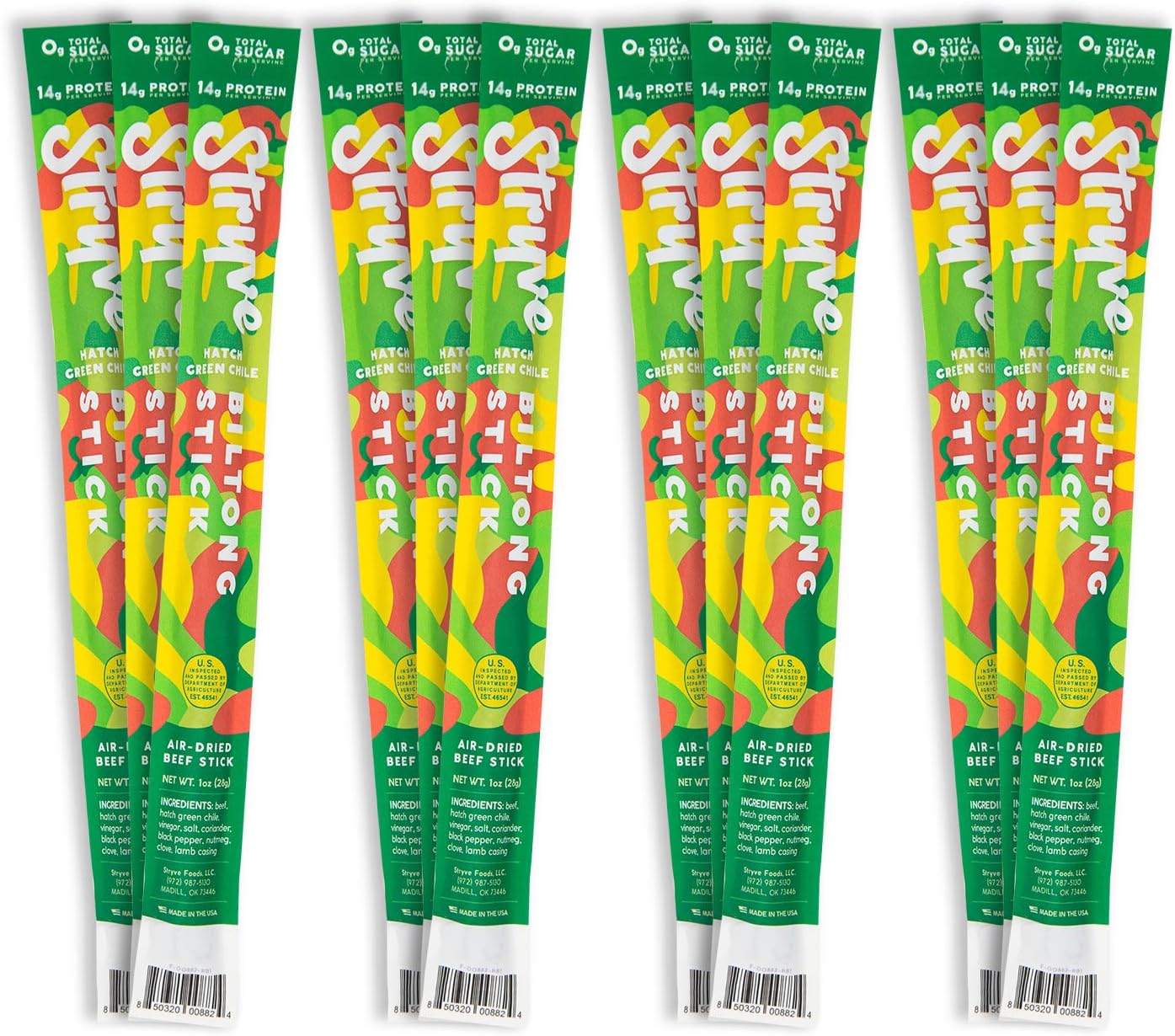 Stryve Protein Snacks Beef Sticks. 14g Protein, Sugar Free, No Carbs, Gluten Free, No Nitrates, No MSG, No Preservatives. Keto and Paleo Friendly. Hatch Green Chile, 12-Count