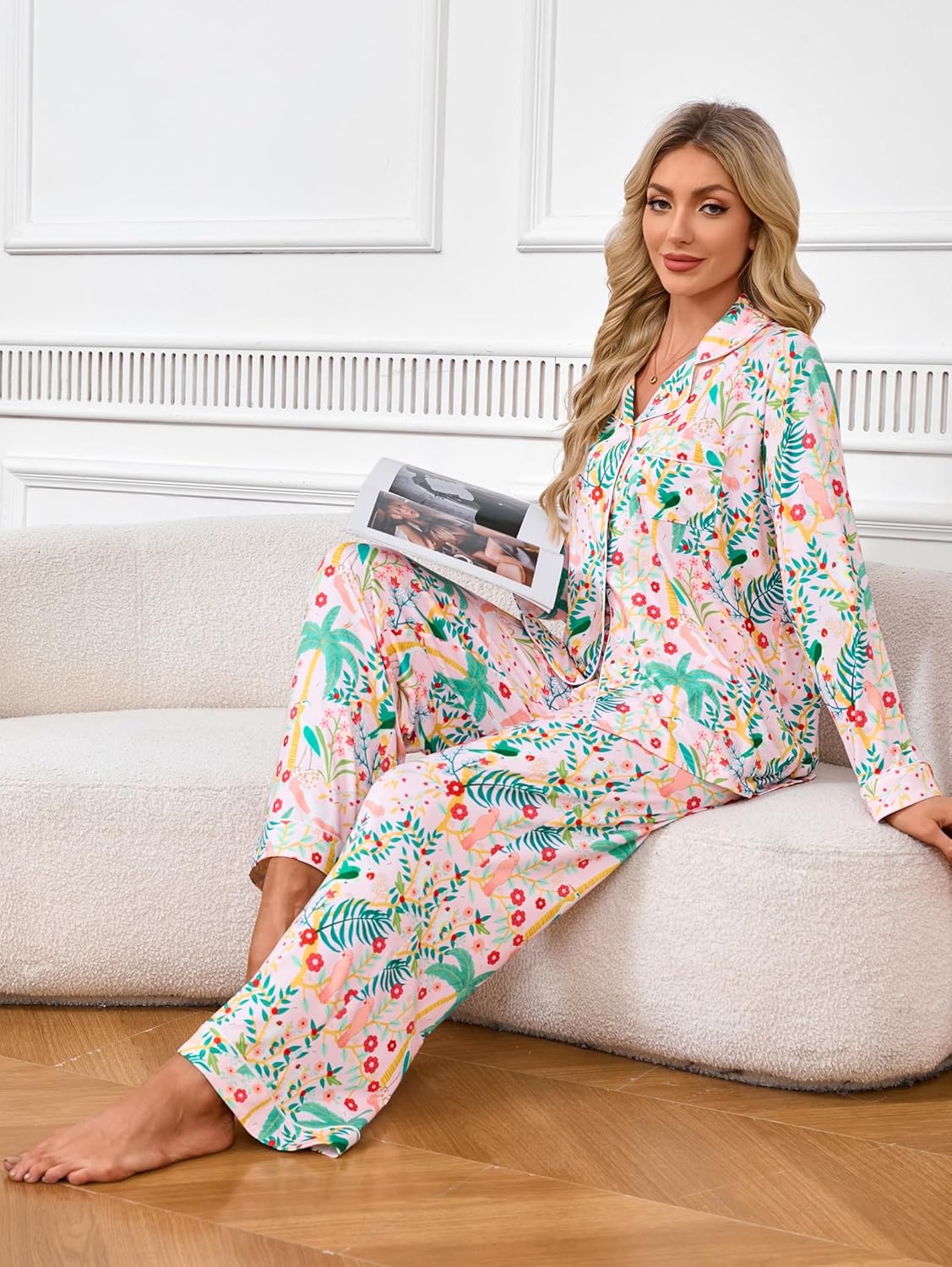 iChunhua Women's Pajamas Set Long Sleeve Sleepwear Soft Button Down Loungewear Nightwear Wide Leg Pjs Set - Image 4