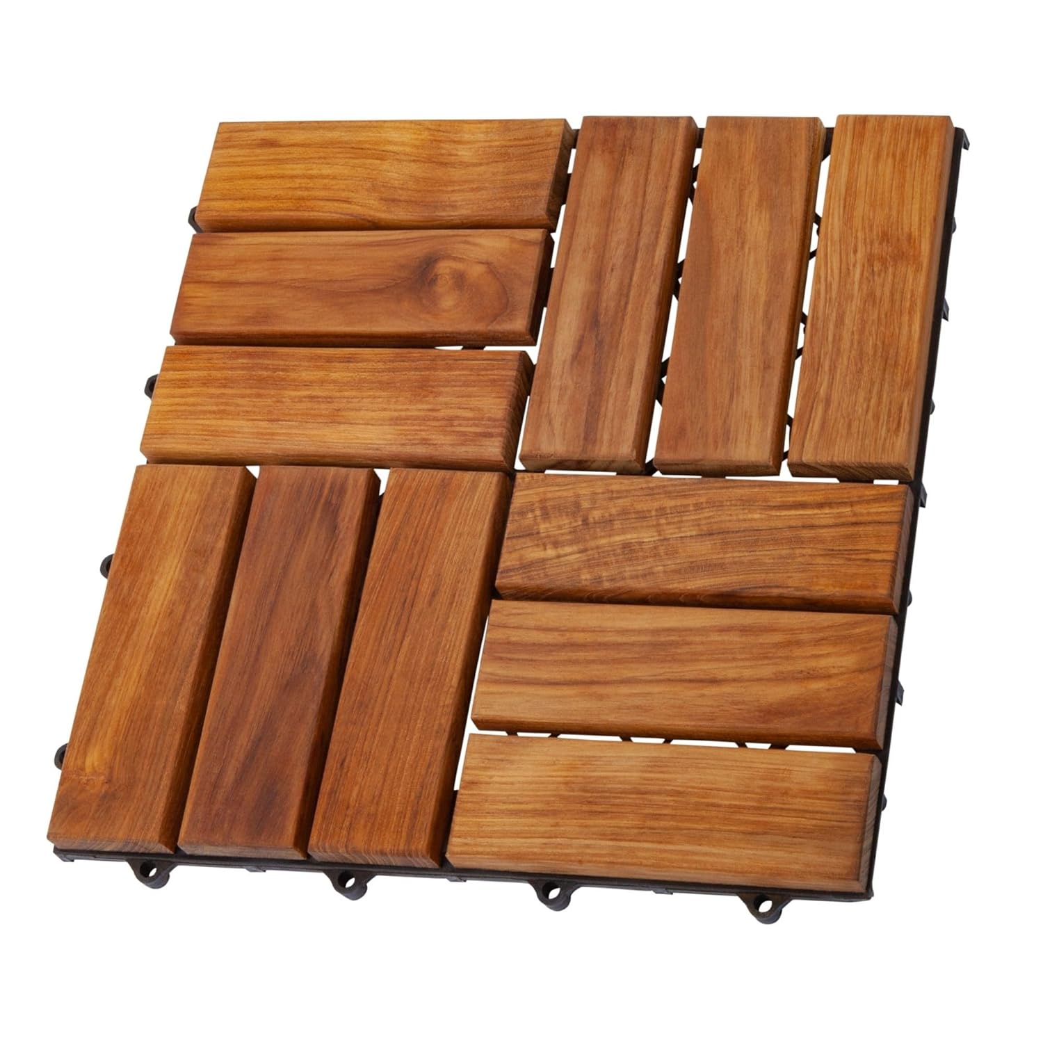 Nordic Style Teak Interlocking Tiles - Wooden Floor Tile Set for Indoor and Outdoor Use - Perfect for Sauna, Patio, Deck, Spa Floors - 10 Square Feet (12 x 12 - 12 Slat Design, Oiled Finish)