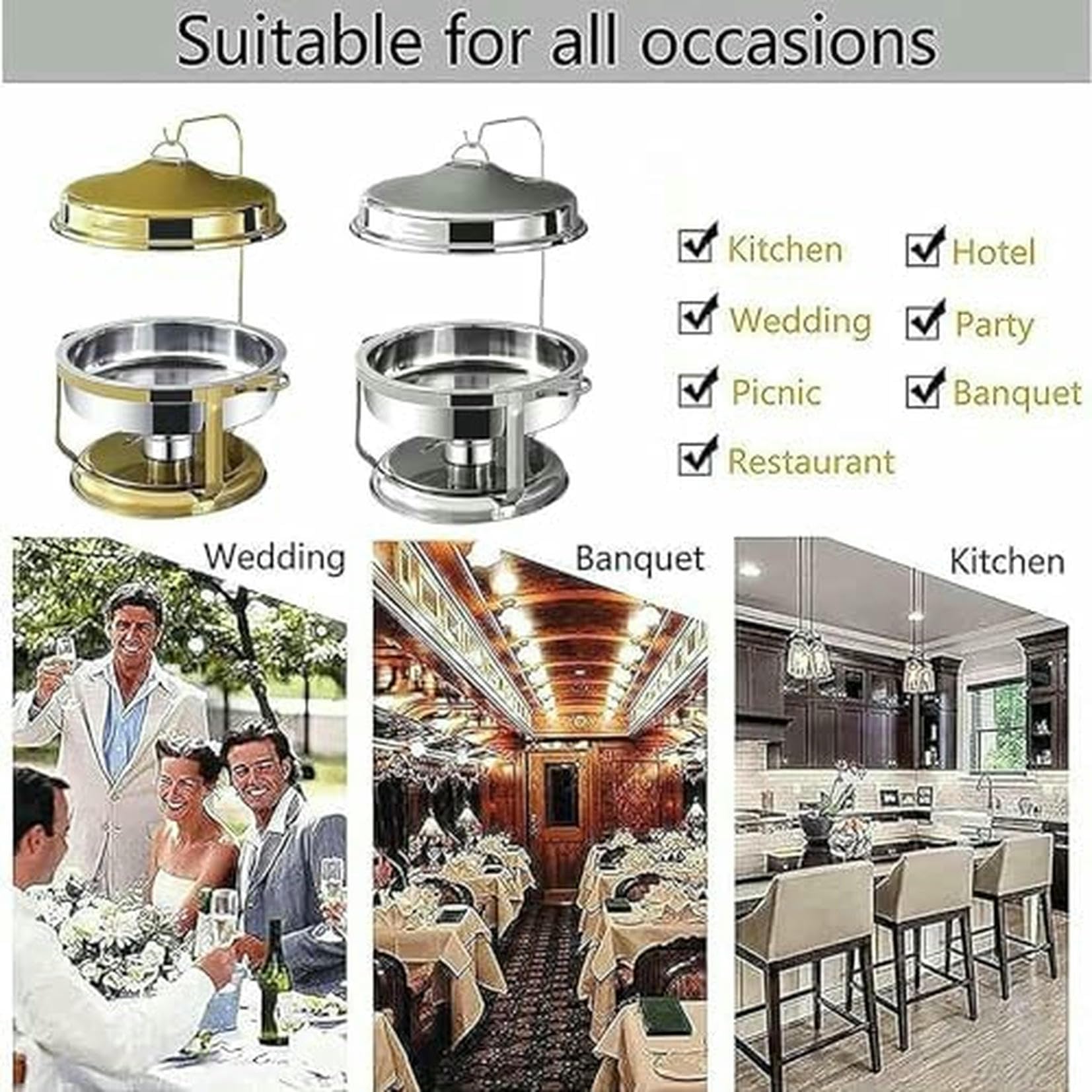 Chafing Dish Rotondo in Acciaio Inossidabile da 9 Litri, scaldavivande e scaldavivande di Dimensioni Standard con Vassoio per Alimenti, contenitori per combustibile e Altri coperchi ~/