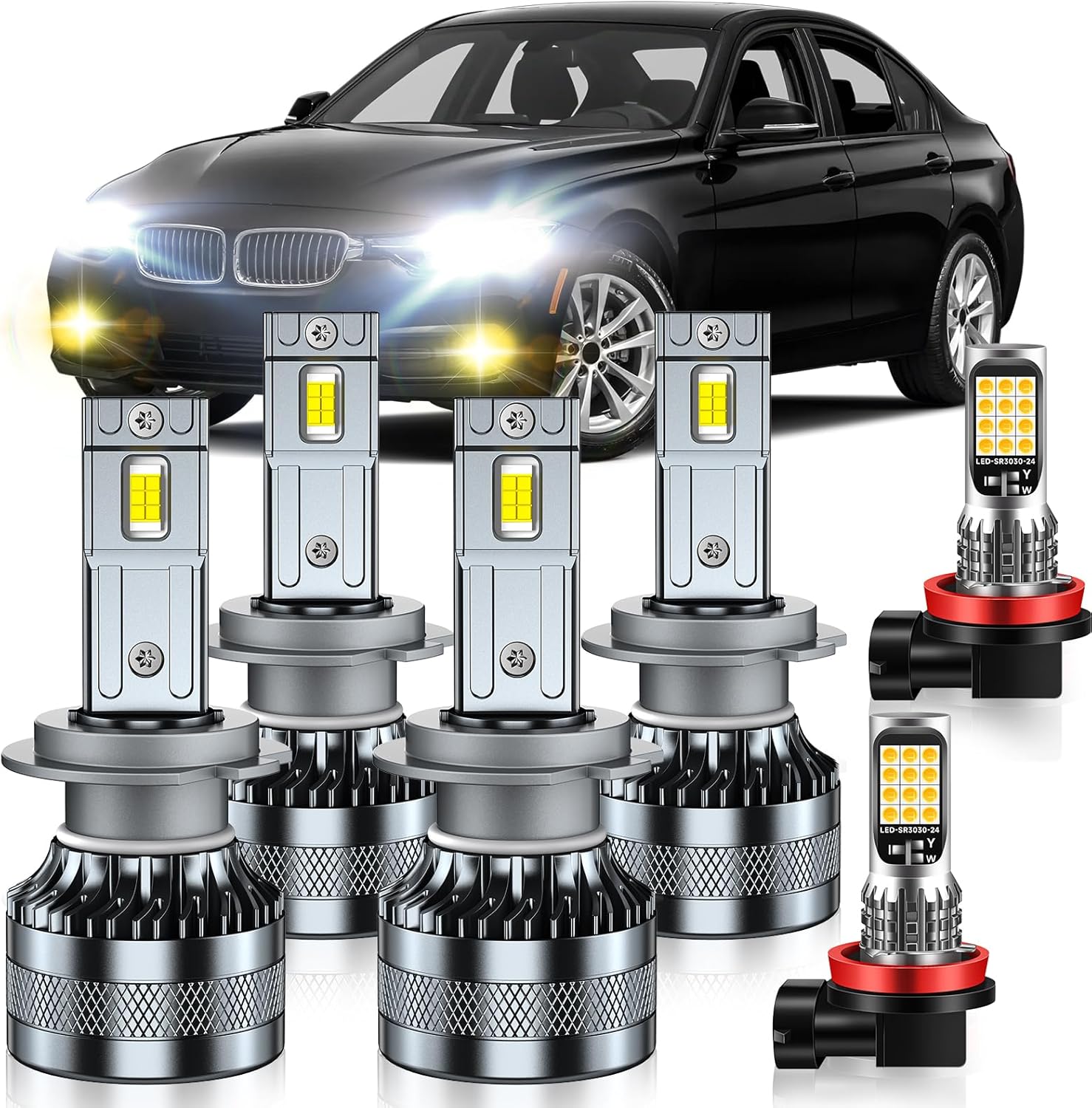 Compatible with 2007-2016 BMW 328i Fog Light Bulbs, High/Low Beam Fog Light Bulbs, 600% Brightness, 6000K White and 3000K Yellow Combo, Pack of 6