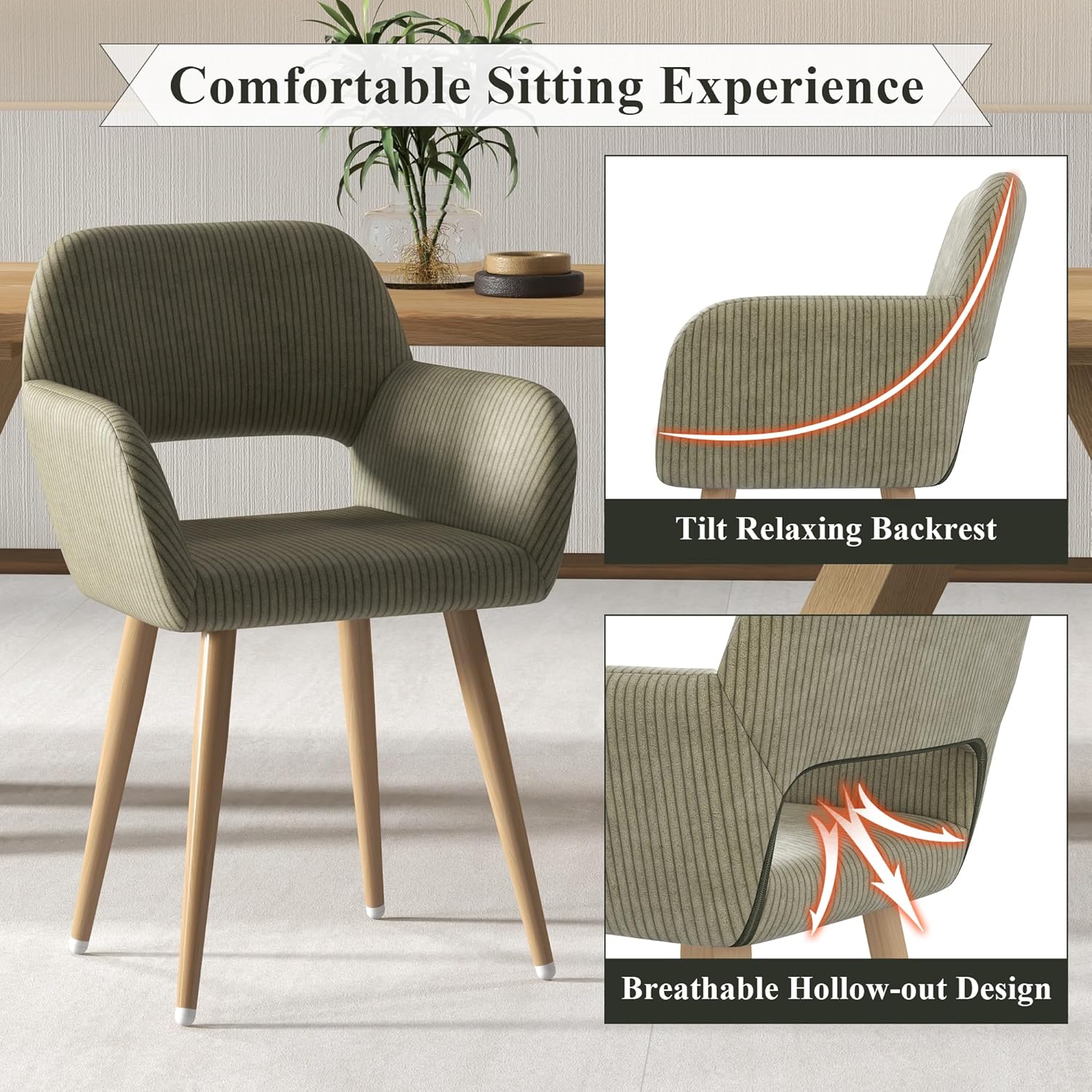 Home Office Desk Chair Set of 1, Corduroy Fabric Vanity Chair for Makeup with Hollow Backrest, Comfy Armchair Wood Frame with Strudy Metal Legs, Dark Green