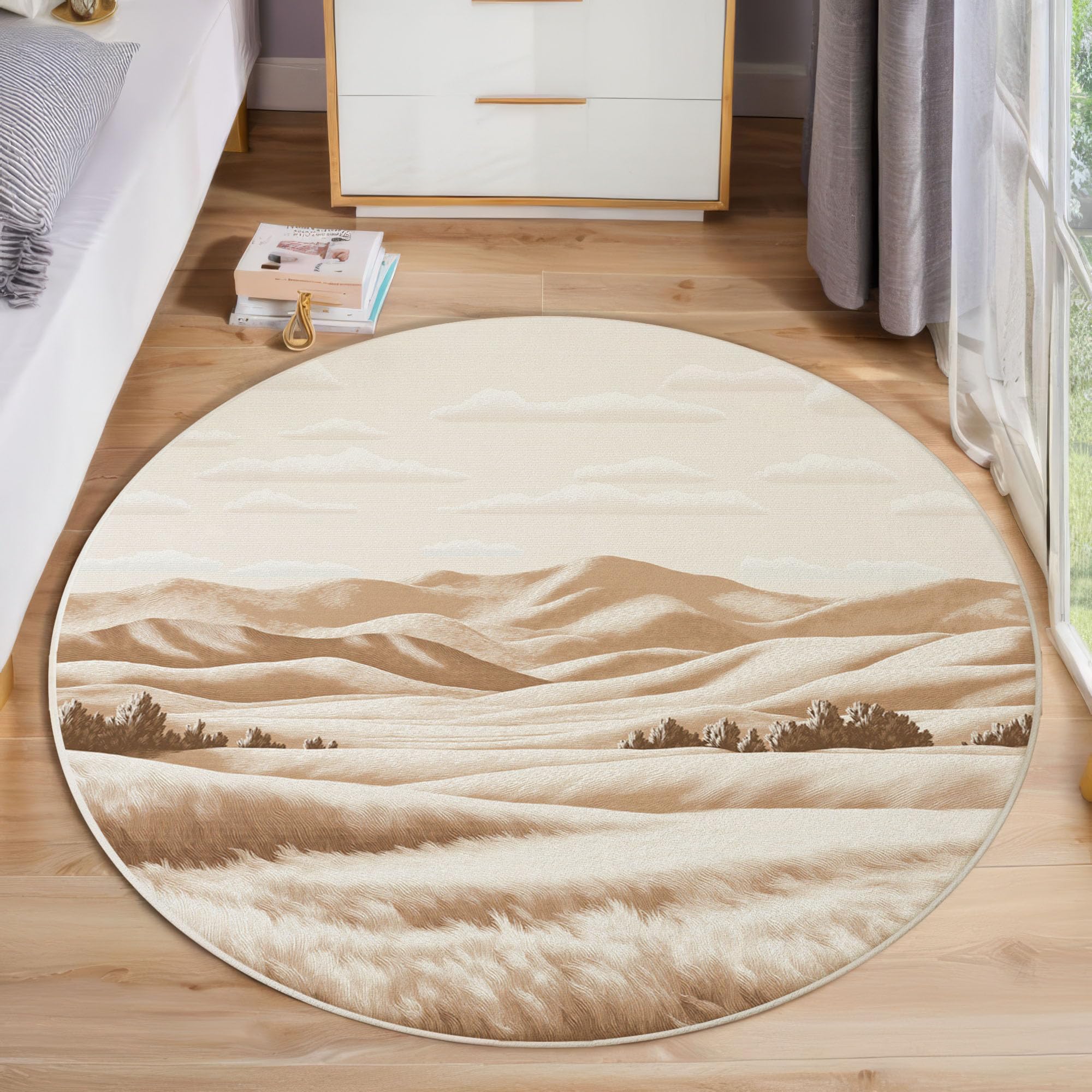 Tapis rond pour salon et chambre motif peinture désertique 200cm lavable