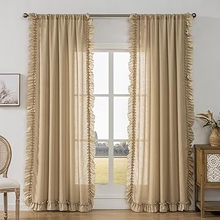 Taupe Ruffle Curtains 84 Inches Long 2 Panels, Linen Farmhouse Ruffled Window Curtains for Living Room Bedroom, Rod Pocket Privacy Semi-Sheer Cottage Flowy Scalloped Edge Curtain Drapes, 58 x 84 Inch