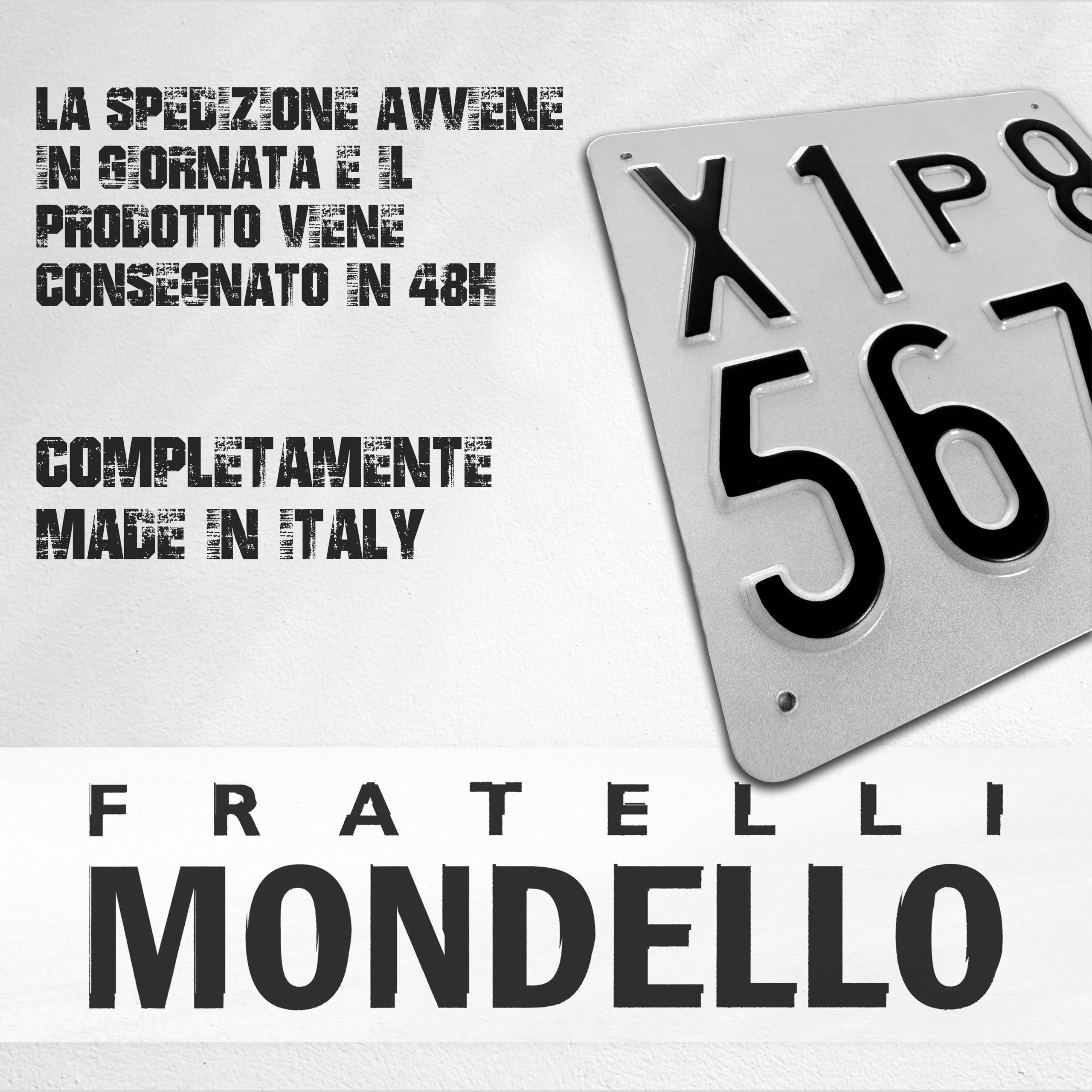 Fratelli Mondello Replica Targa Auto di Prova in Alluminio Rifrangente con Rilievo Battuto, Angoli Smussati, Buchi e Bordo Nero Opzionali - Targa Decorativa