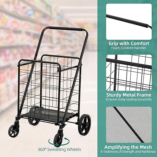 Vista 5 de YITAHOME Carrito de compras plegable con ruedas, parte inferior de malla reforzada grande, carrito plegable portátil con ruedas para lavandería