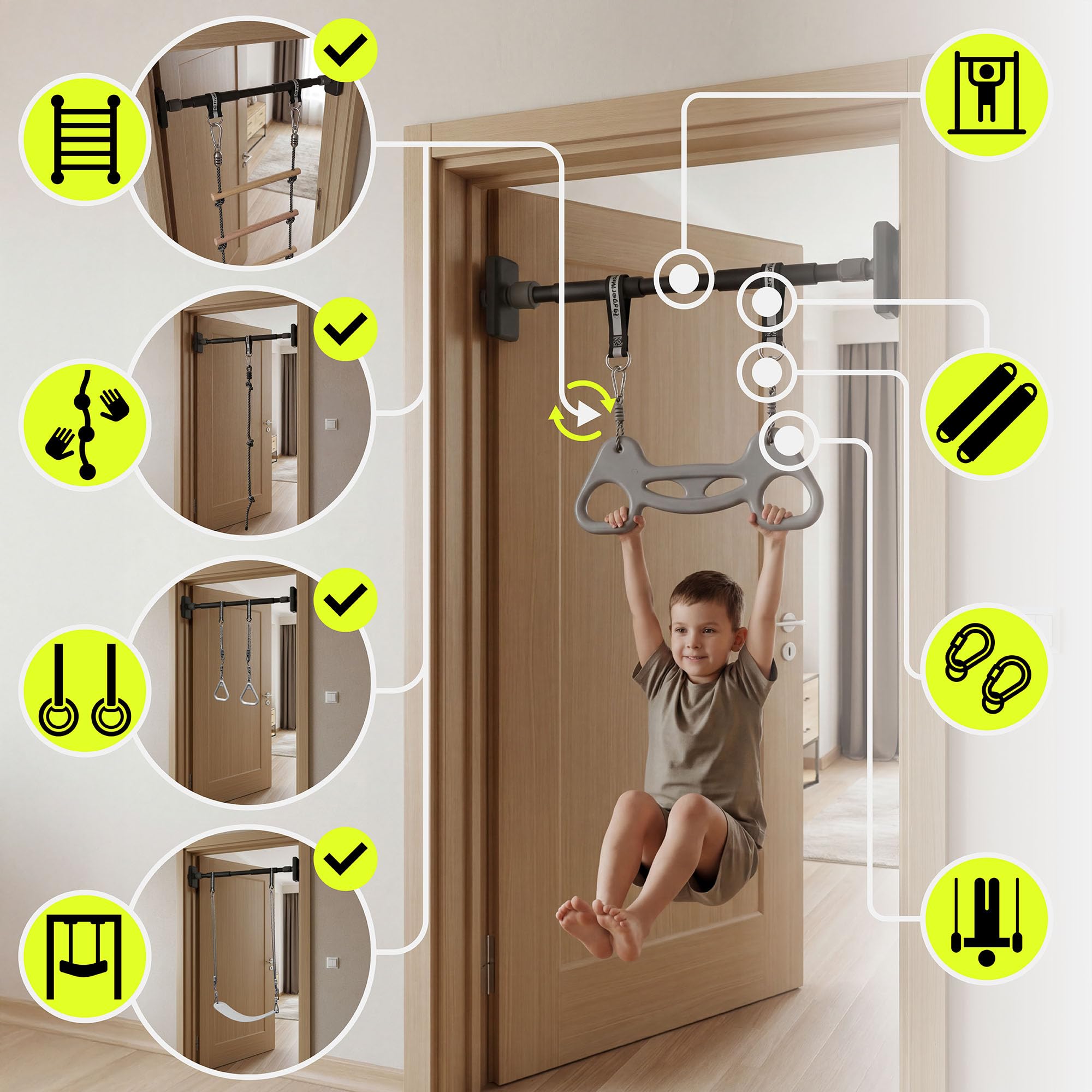 HyperMotion Klettergerüst 6in1 Kinder Indoor Outdoor – Türreck mit Strickleiter, Kletterseil, Schaukel, Turnringen & Trapez aus Buchenholz, höhenverstellbar, ab 3 Jahren, bis 100 kg